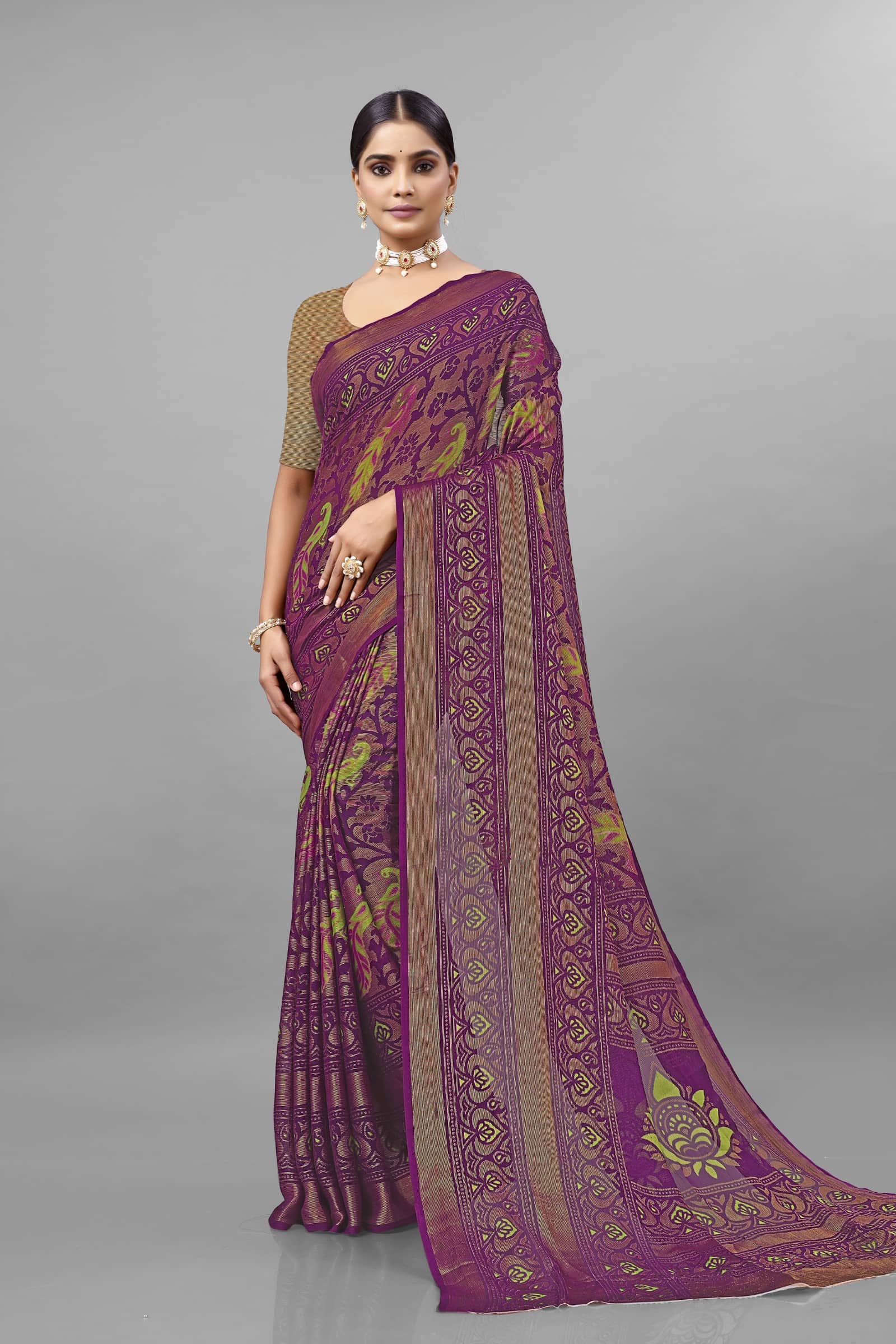 Kanooda Prints Brasso Woven Saree With Unstitched Blouse Piece ( Multicolor )
