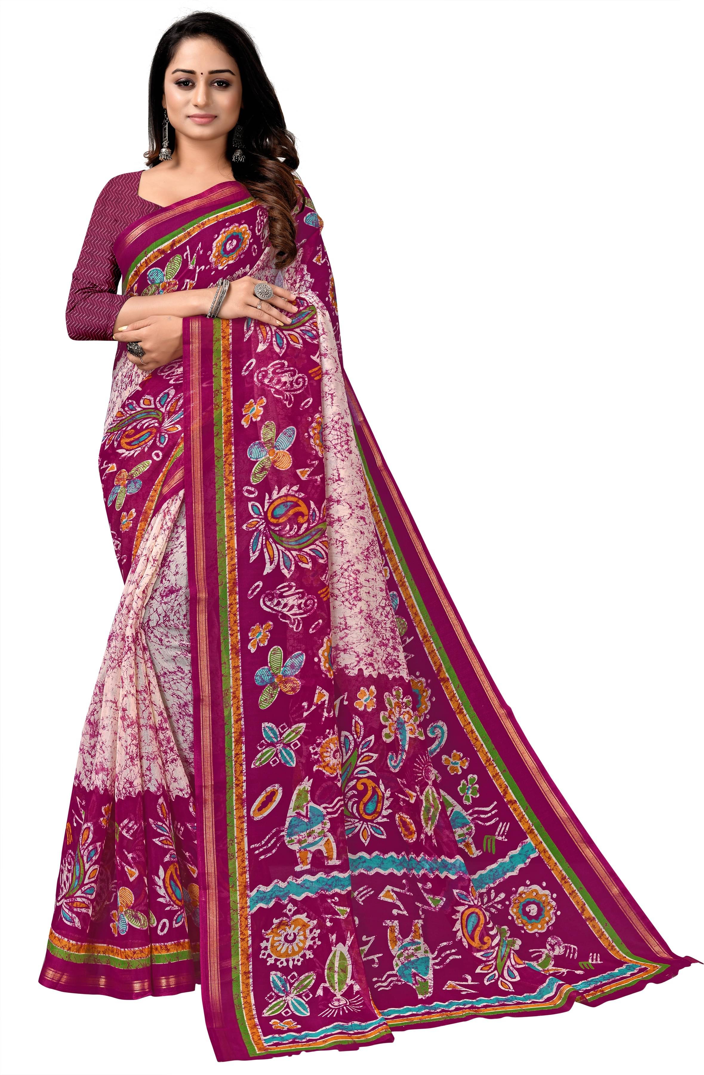 Kanooda Prints Chanderi Printed Saree With Unstitched Blouse Piece ( Multicolor ) Kanooda Prints Chanderi Printed Saree With Unstitched Blouse Piece ( Multicolor )