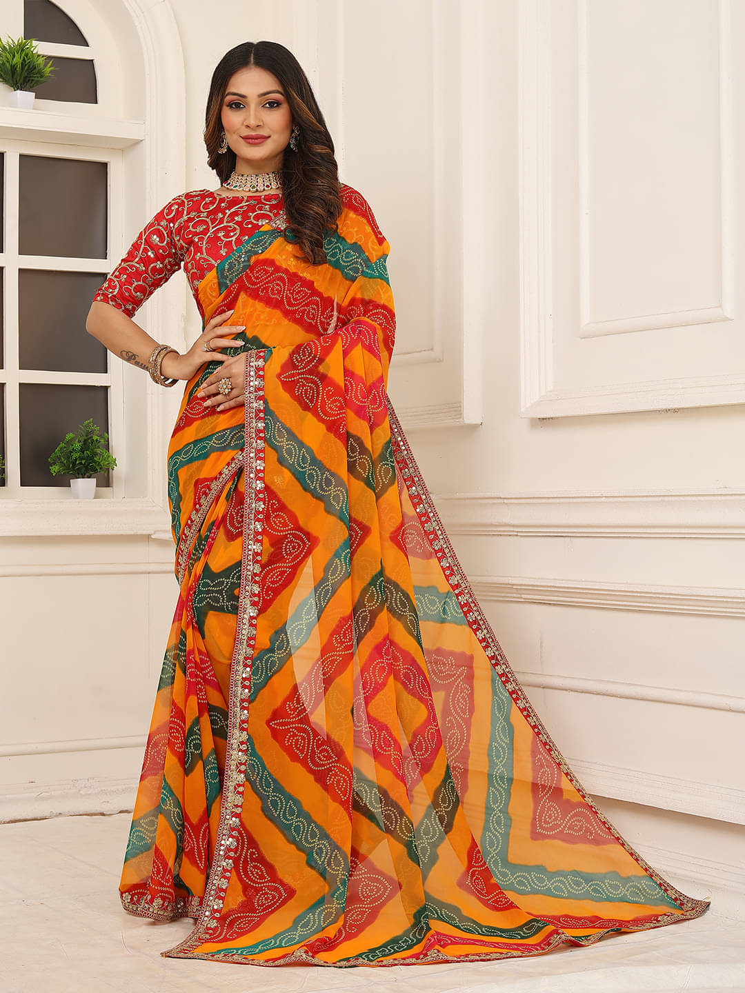 Kanooda Prints Chiffon Embellished Saree With Unstitched Blouse Piece ( Multicolor ) Kanooda Prints Chiffon Embellished Saree With Unstitched Blouse Piece ( Multicolor )