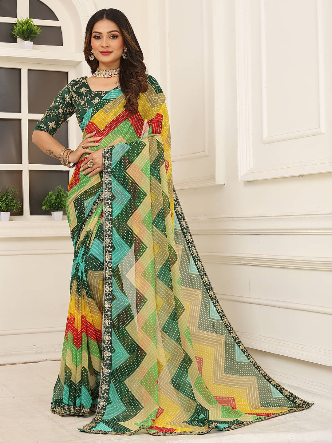     			Kanooda Prints Chiffon Embellished Saree With Unstitched Blouse Piece ( Multicolor )