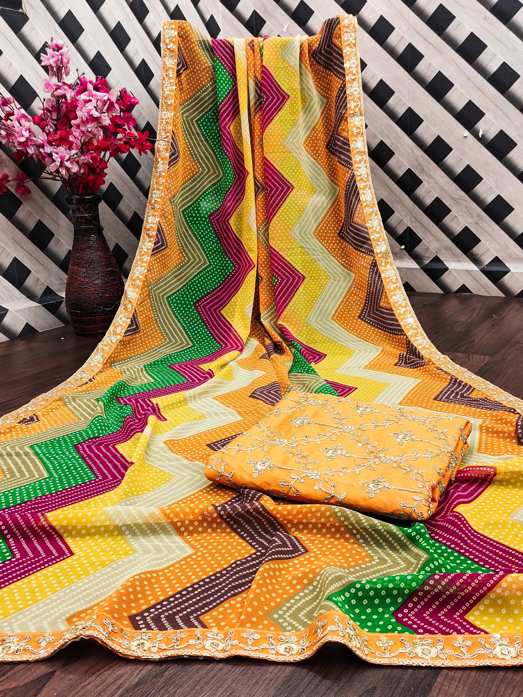     			Kanooda Prints Chiffon Embroidered Saree With Unstitched Blouse Piece ( Multicolor )