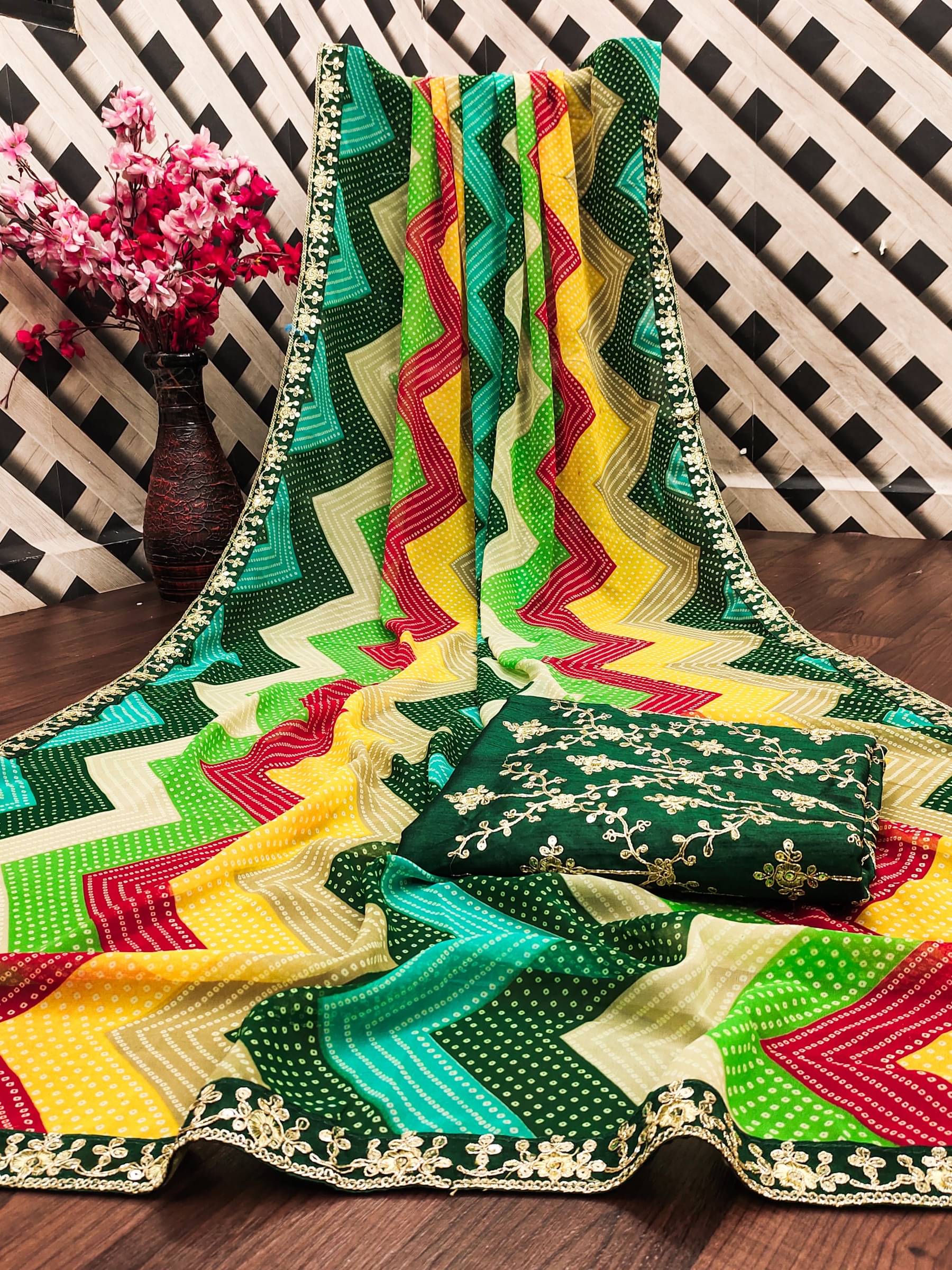 Kanooda Prints Chiffon Embroidered Saree With Unstitched Blouse Piece ( Multicolor ) Kanooda Prints Chiffon Embroidered Saree With Unstitched Blouse Piece ( Multicolor )