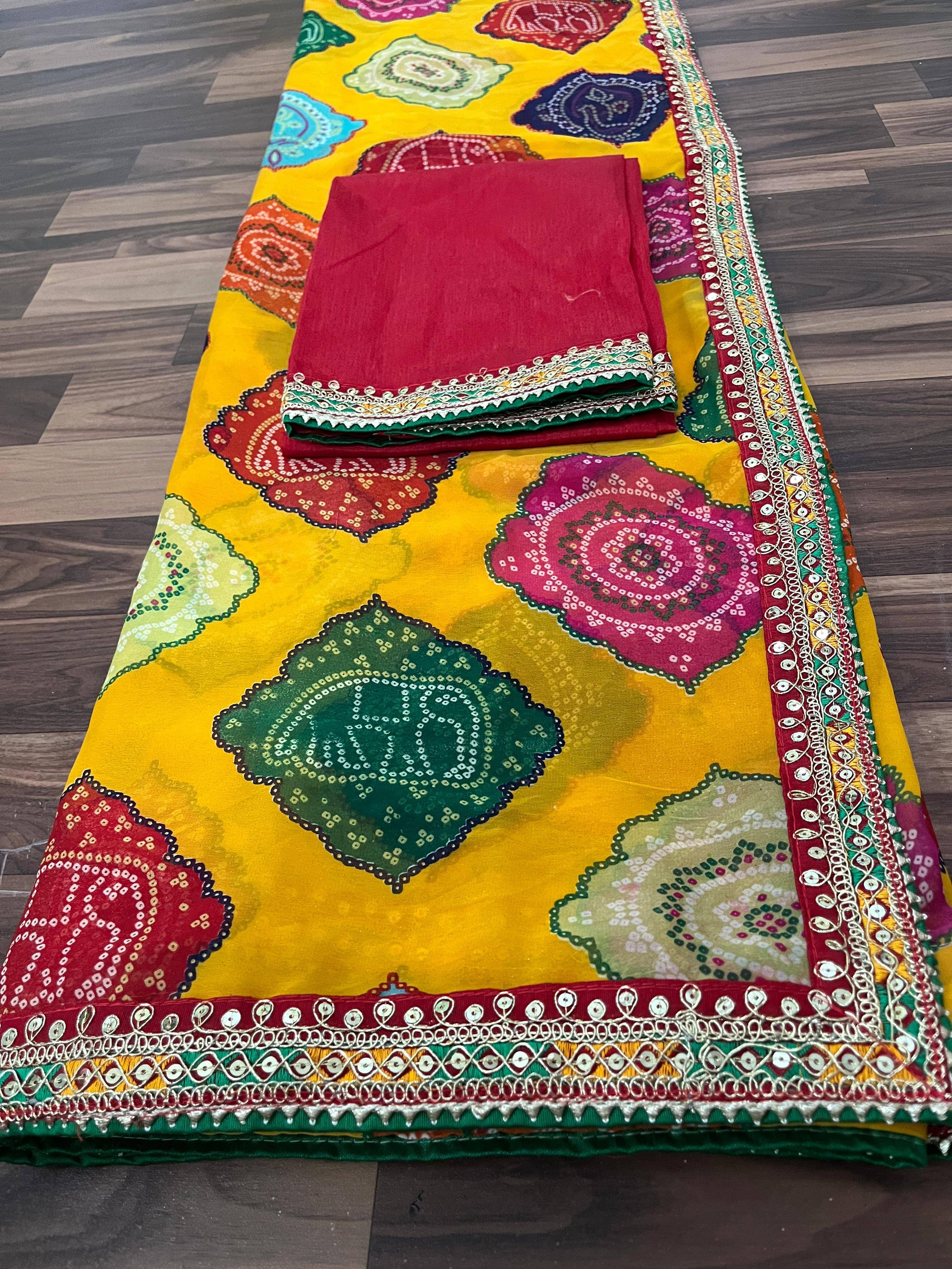    			Kanooda Prints Chiffon Embroidered Saree With Unstitched Blouse Piece ( Yellow )
