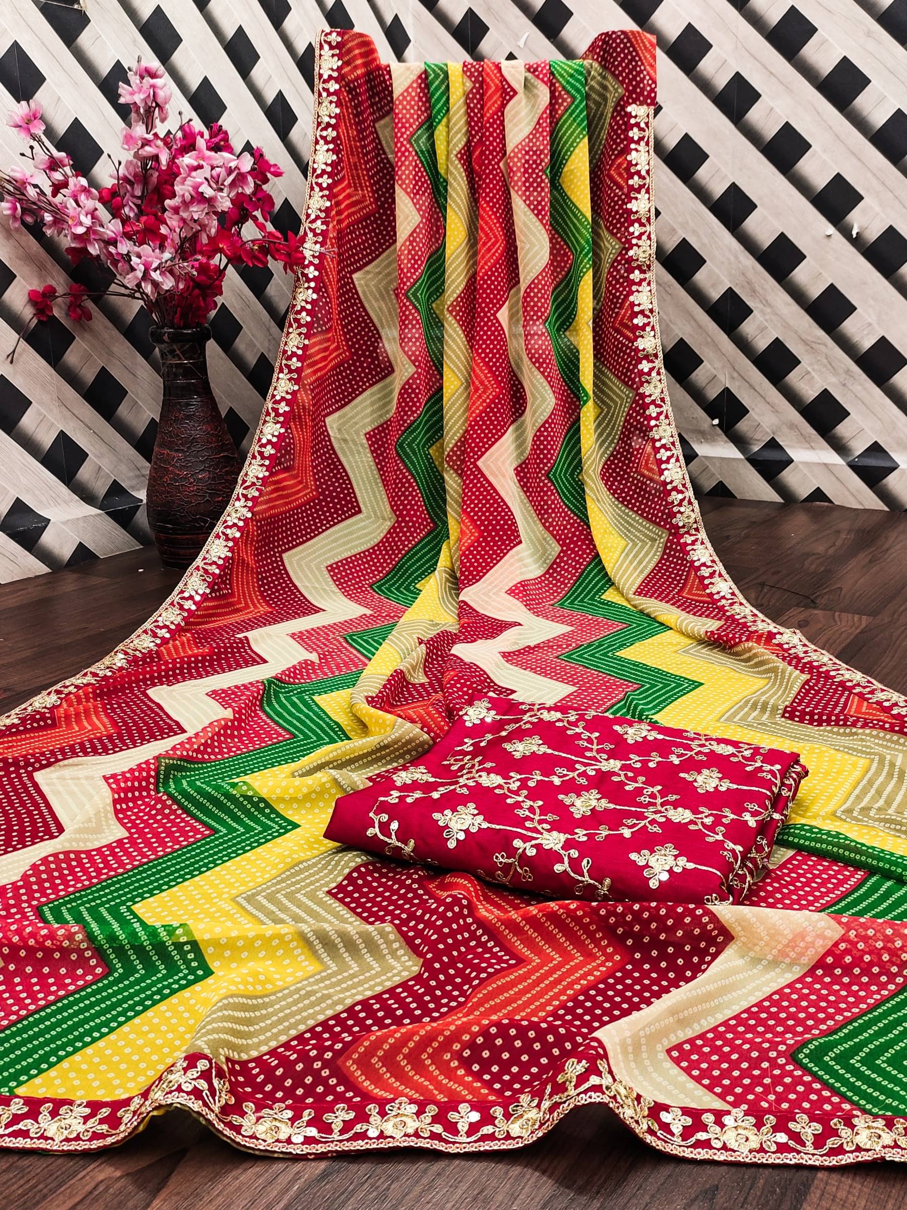 Kanooda Prints Chiffon Embroidered Saree With Unstitched Blouse Piece ( Multicolor ) Kanooda Prints Chiffon Embroidered Saree With Unstitched Blouse Piece ( Multicolor )