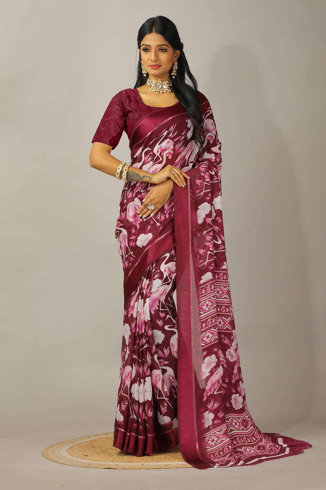 Kanooda Prints Chiffon Printed Saree With Unstitched Blouse Piece ( Purple ) Kanooda Prints Chiffon Printed Saree With Unstitched Blouse Piece ( Purple )