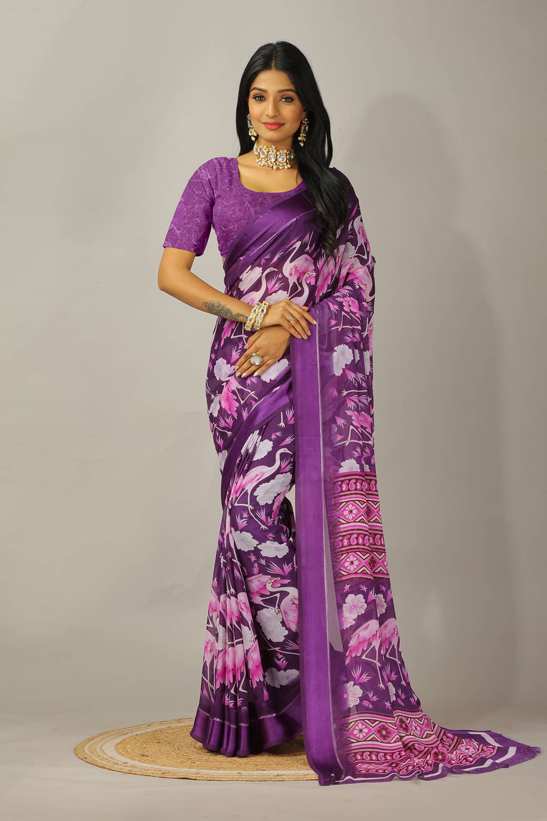 Kanooda Prints Chiffon Printed Saree With Unstitched Blouse Piece ( Purple ) Kanooda Prints Chiffon Printed Saree With Unstitched Blouse Piece ( Purple )