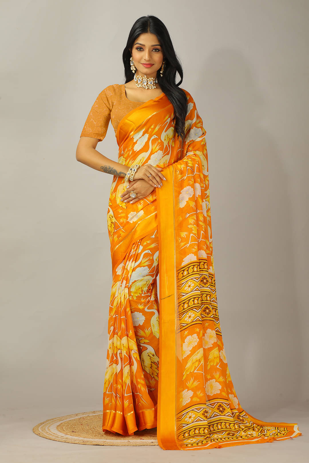     			Kanooda Prints Chiffon Printed Saree With Unstitched Blouse Piece ( Mustard )