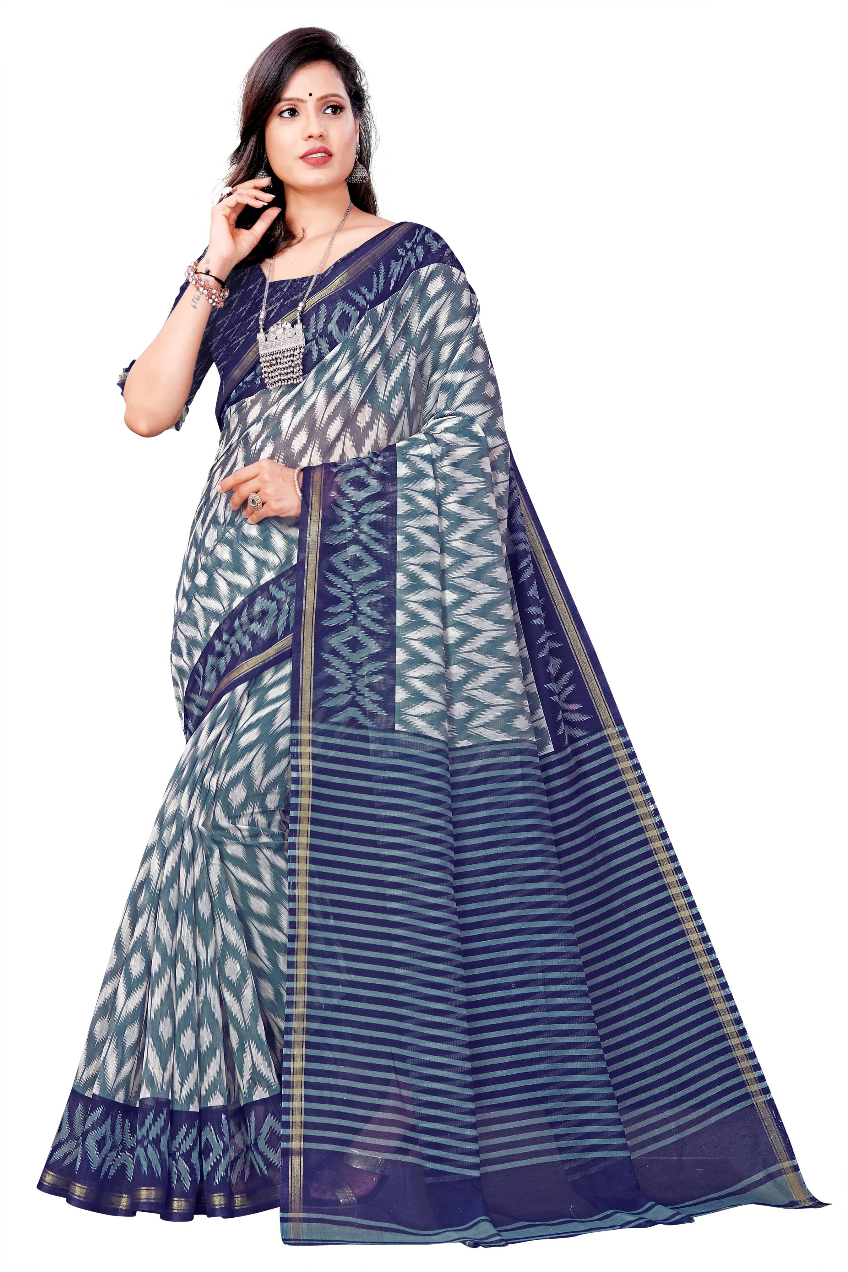     			Kanooda Prints Cotton Blend Woven Saree With Unstitched Blouse Piece ( Blue )