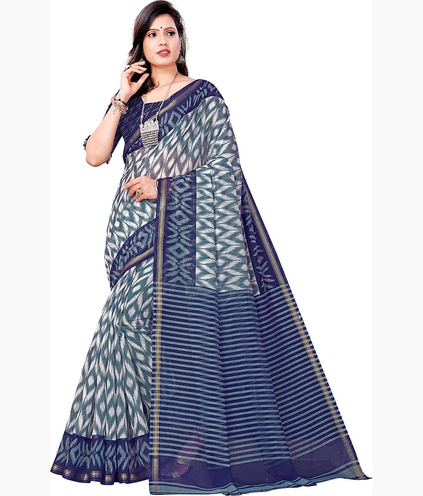 Kanooda Prints Cotton Blend Woven Saree With Unstitched Blouse Piece ( Blue ) - Sarees | Buy online on ZillyBuy