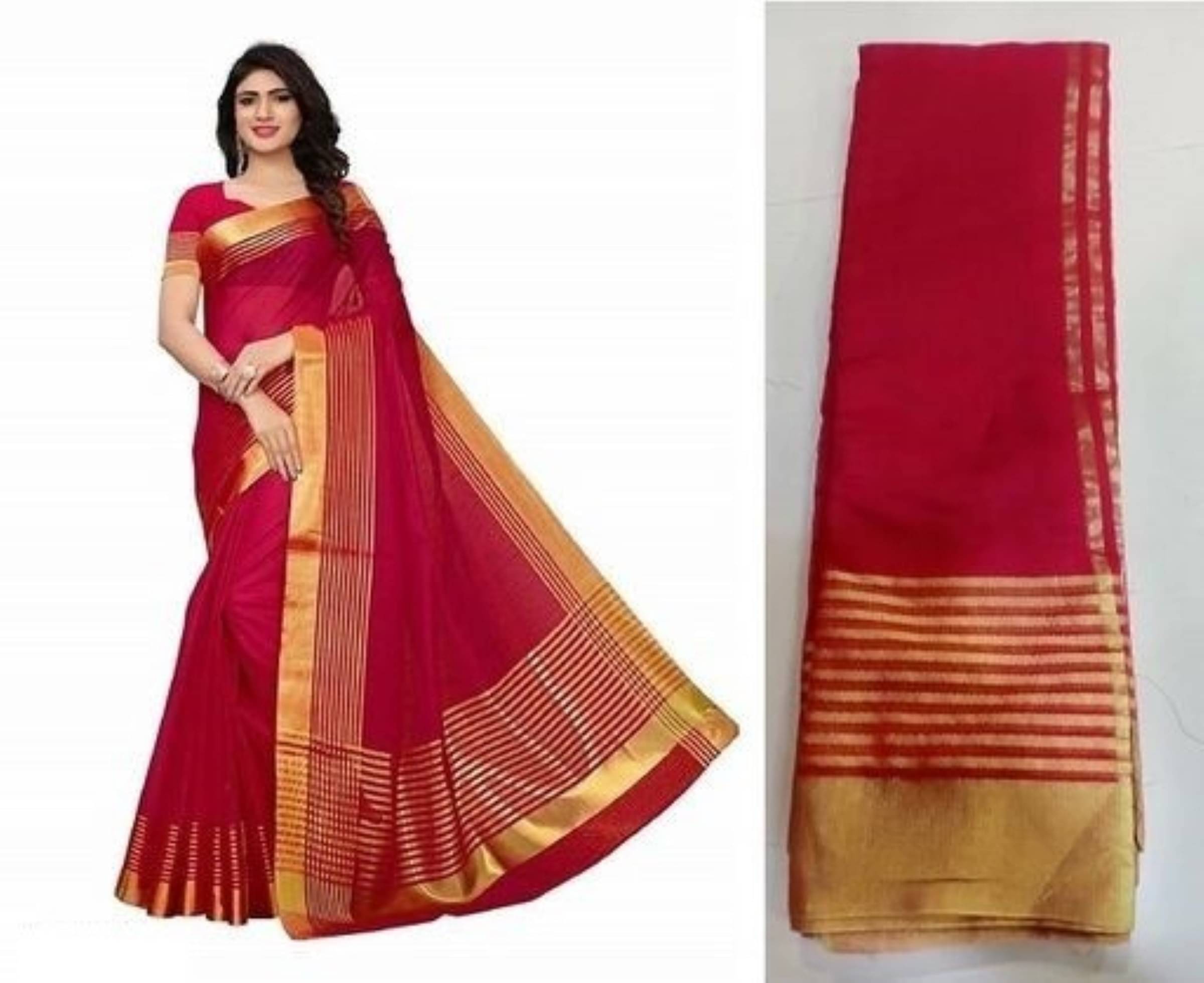     			Kanooda Prints Cotton Silk Striped Saree With Unstitched Blouse Piece ( Multicolor )