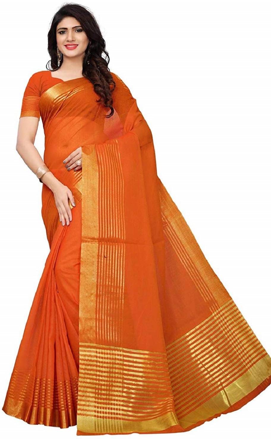     			Kanooda Prints Cotton Silk Striped Saree With Unstitched Blouse Piece ( Orange )