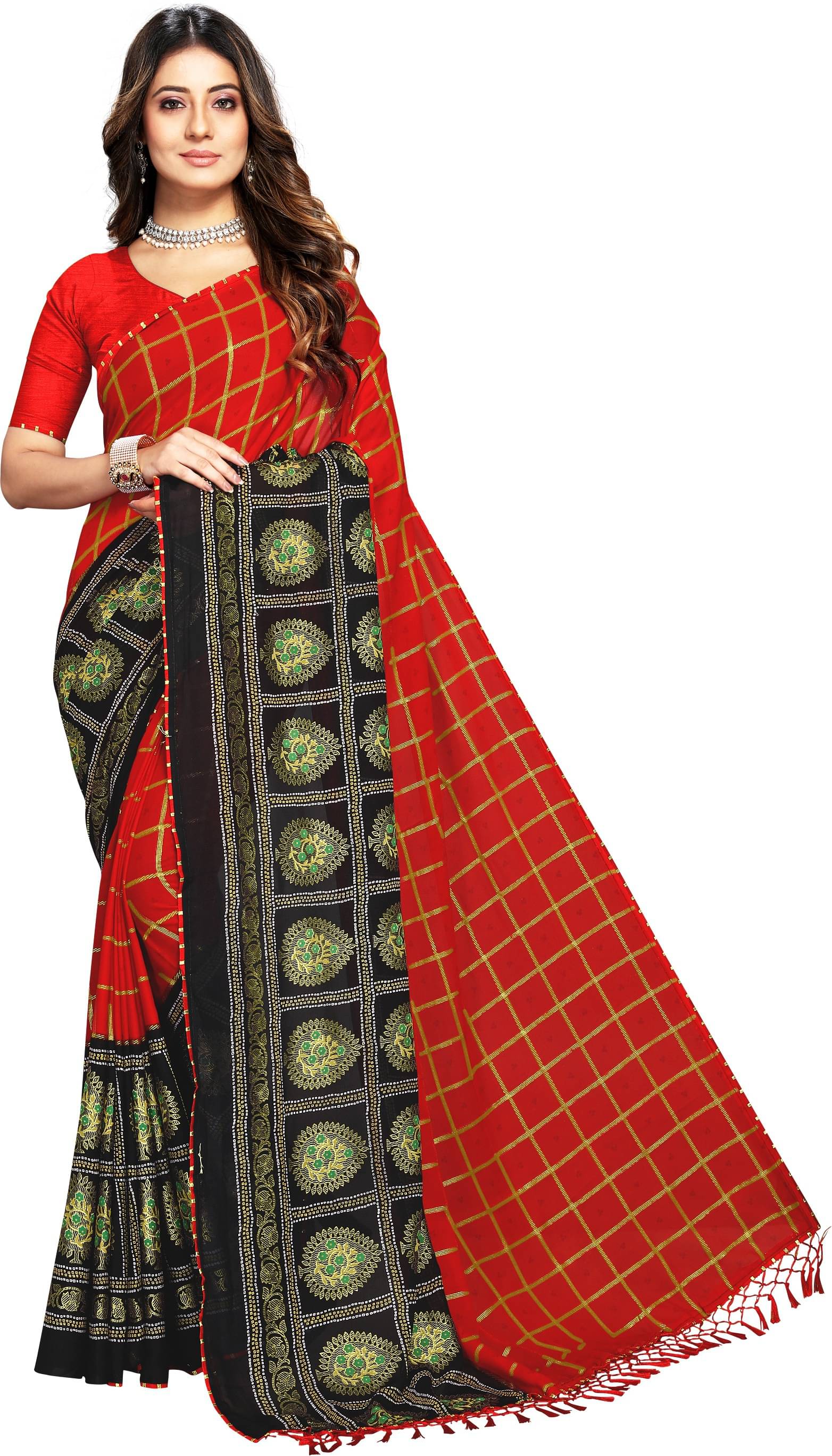 Kanooda Prints Georgette Checks Saree With Unstitched Blouse Piece ( Red ) Kanooda Prints Georgette Checks Saree With Unstitched Blouse Piece ( Red )