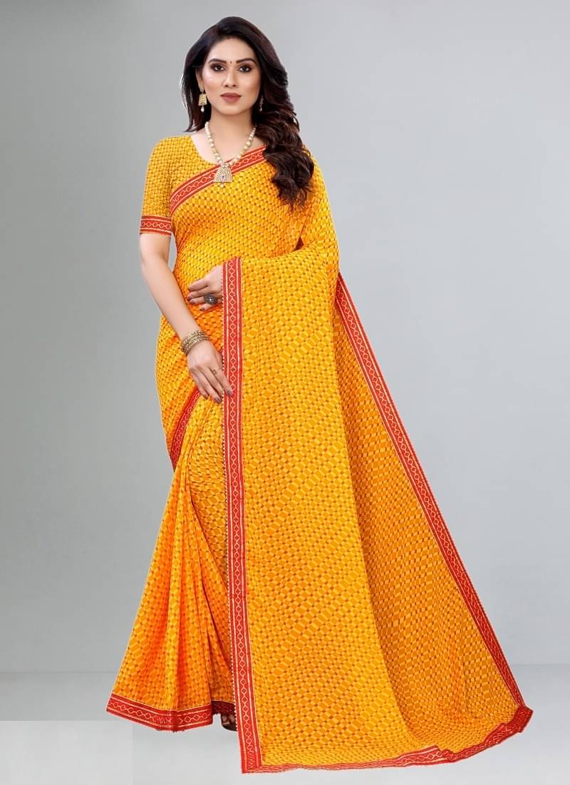     			Kanooda Prints Georgette Checks Saree With Unstitched Blouse Piece ( Yellow )