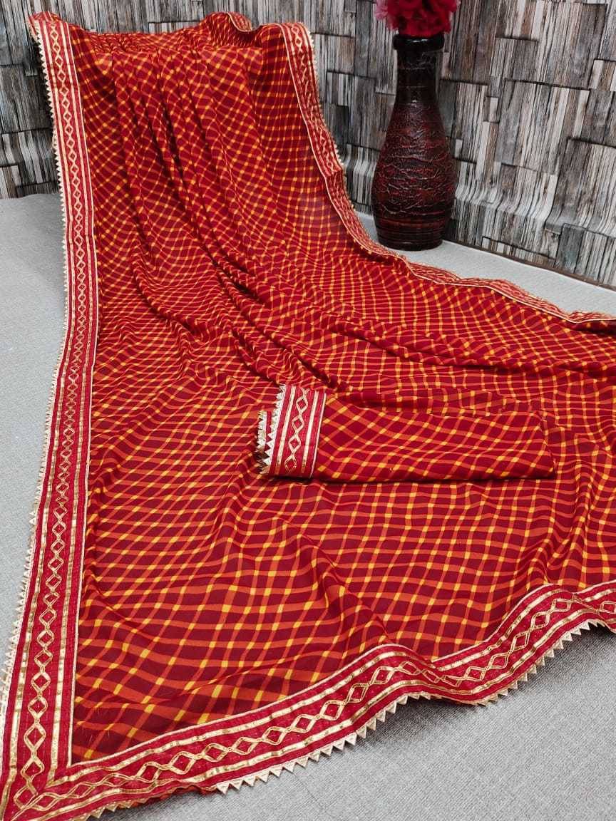     			Kanooda Prints Georgette Checks Saree With Unstitched Blouse Piece ( Red )