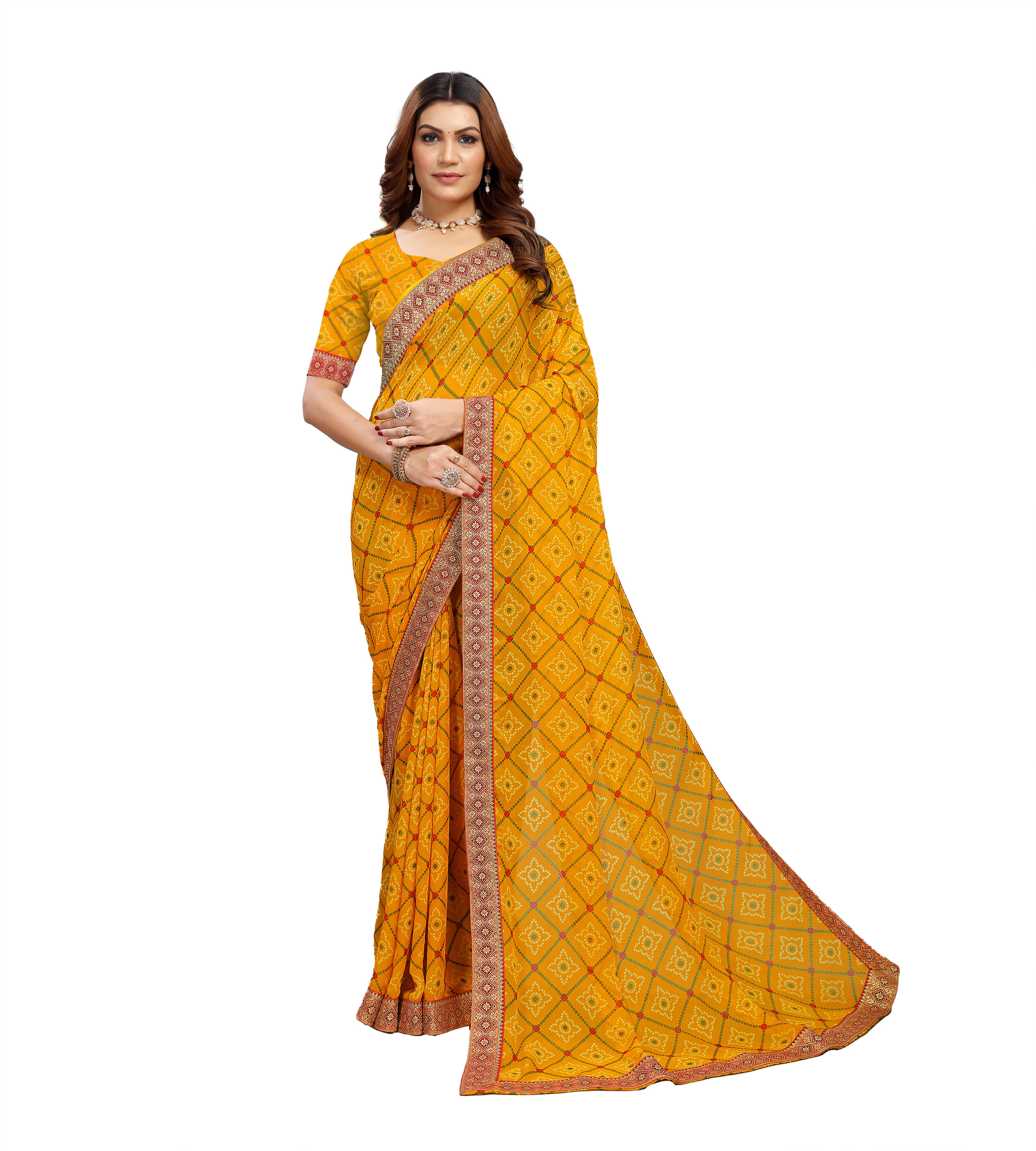 Kanooda Prints Georgette Embroidered Saree With Unstitched Blouse Piece ( Yellow )     			Kanooda Prints Georgette Embroidered Saree With Unstitched Blouse Piece ( Yellow )
