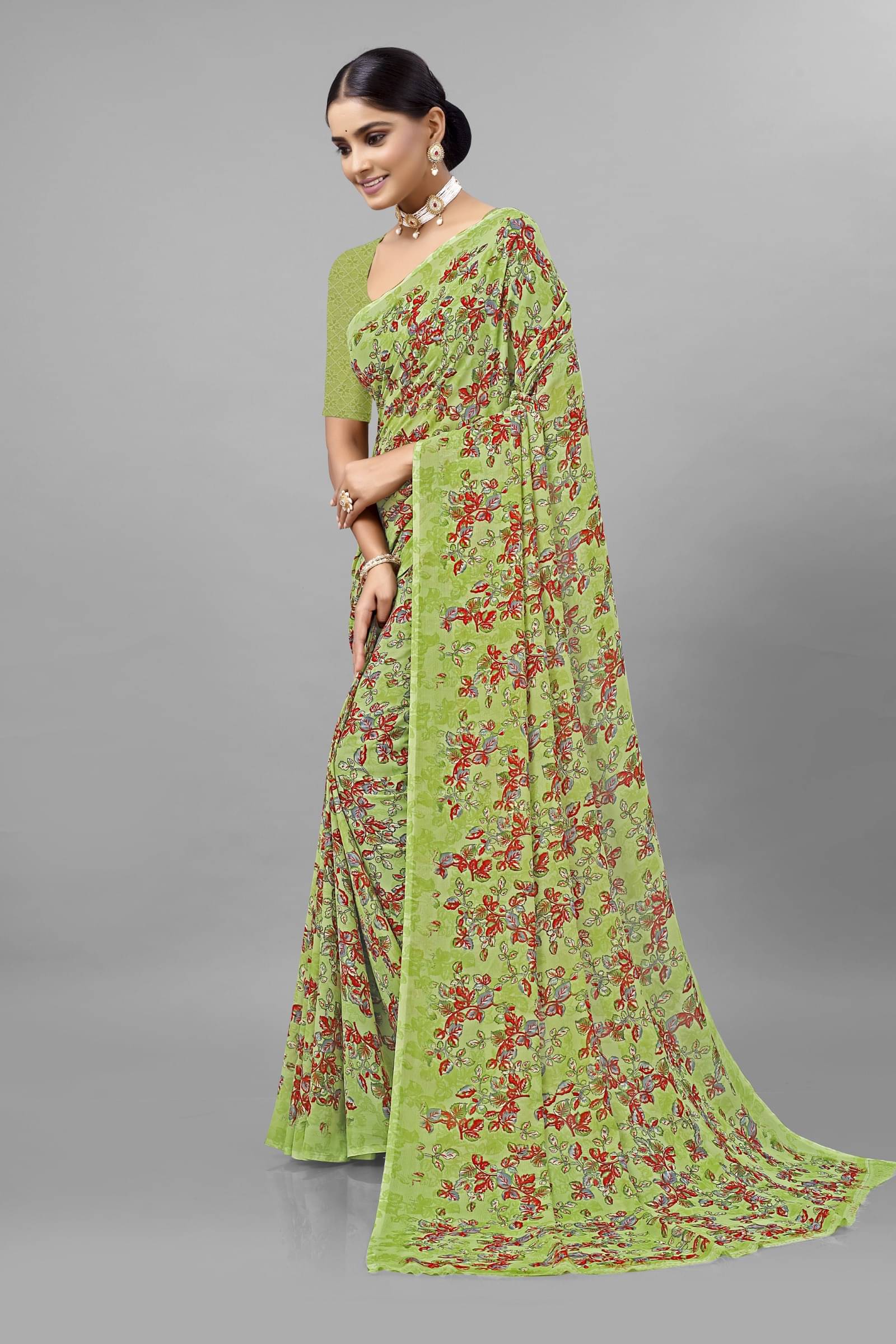     			Kanooda Prints Georgette Printed Saree With Unstitched Blouse Piece ( Light Green )