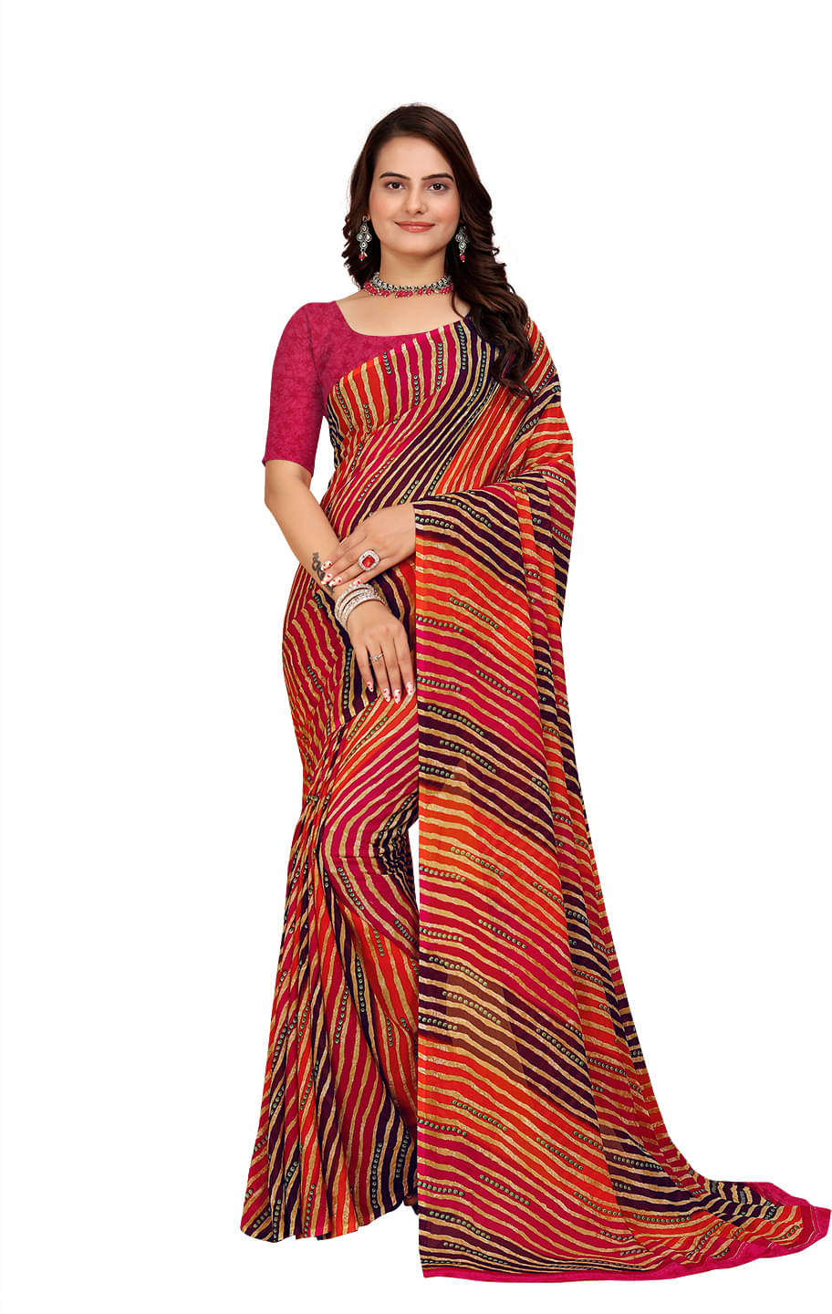 Kanooda Prints Georgette Printed Saree With Unstitched Blouse Piece ( Rani )     			Kanooda Prints Georgette Printed Saree With Unstitched Blouse Piece ( Rani )