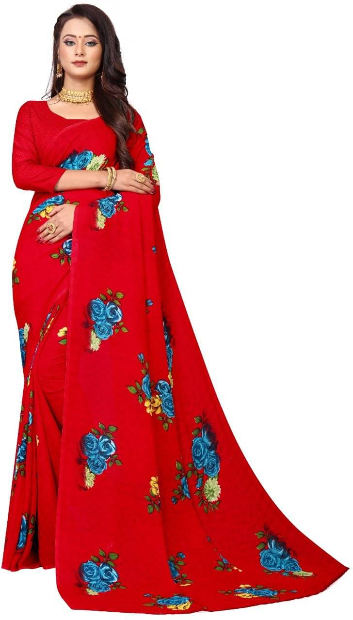 Kanooda Prints Georgette Printed Saree With Unstitched Blouse Piece ( Red ) Kanooda Prints Georgette Printed Saree With Unstitched Blouse Piece ( Red )
