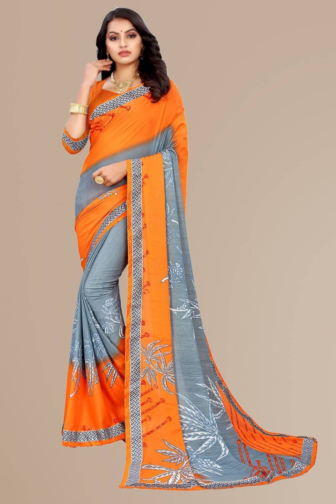    			Kanooda Prints Georgette Printed Saree With Unstitched Blouse Piece ( Orange )