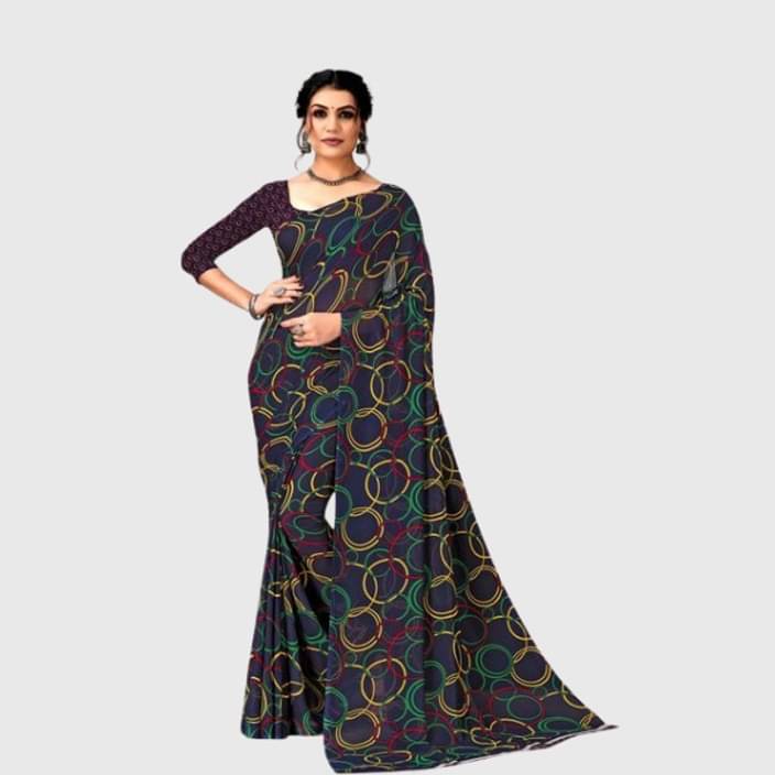 Kanooda Prints Georgette Printed Saree With Unstitched Blouse Piece ( Navy Blue ) Kanooda Prints Georgette Printed Saree With Unstitched Blouse Piece ( Navy Blue )