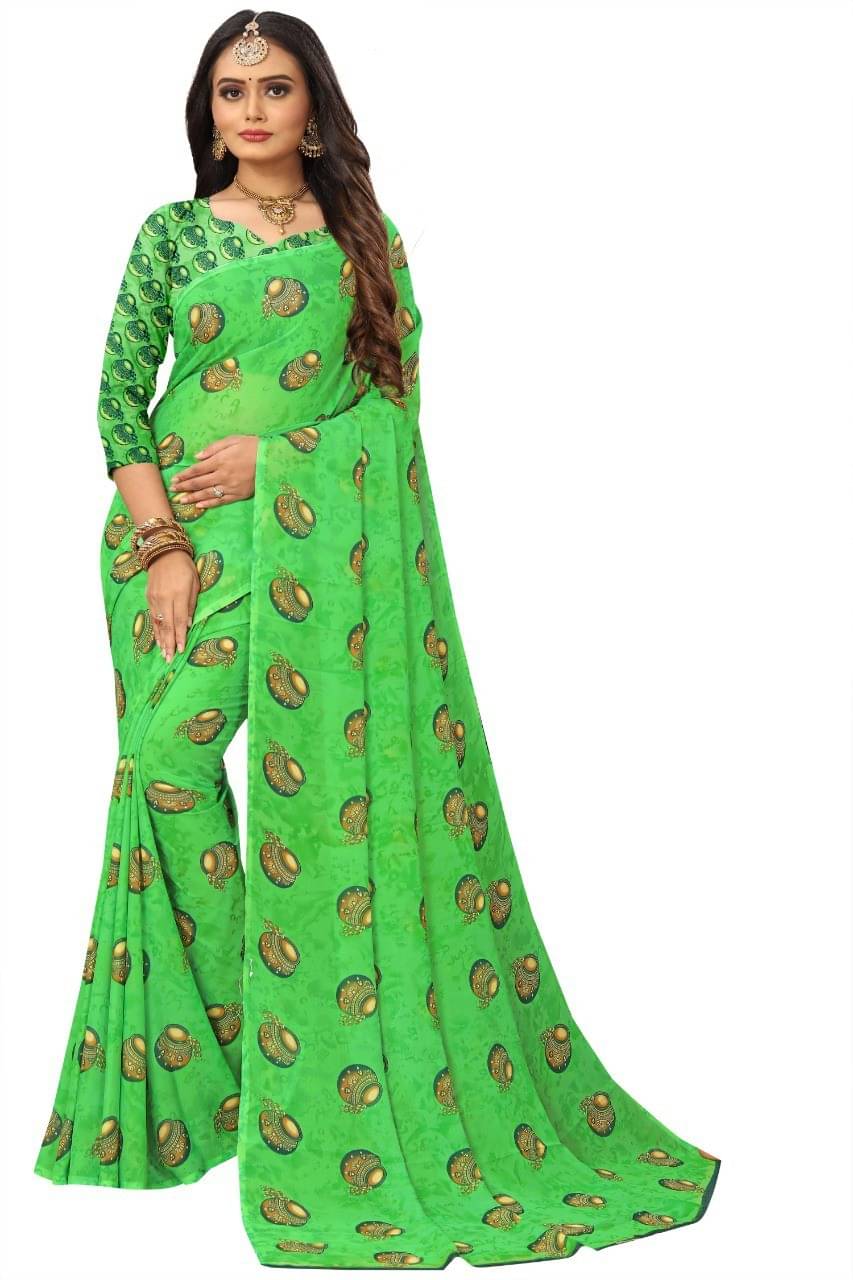     			Kanooda Prints Georgette Printed Saree With Unstitched Blouse Piece ( Green )