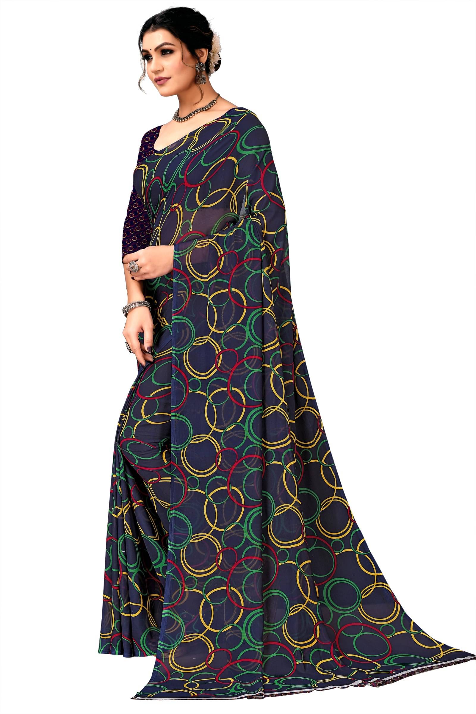     			Kanooda Prints Georgette Printed Saree With Unstitched Blouse Piece ( Navy Blue )