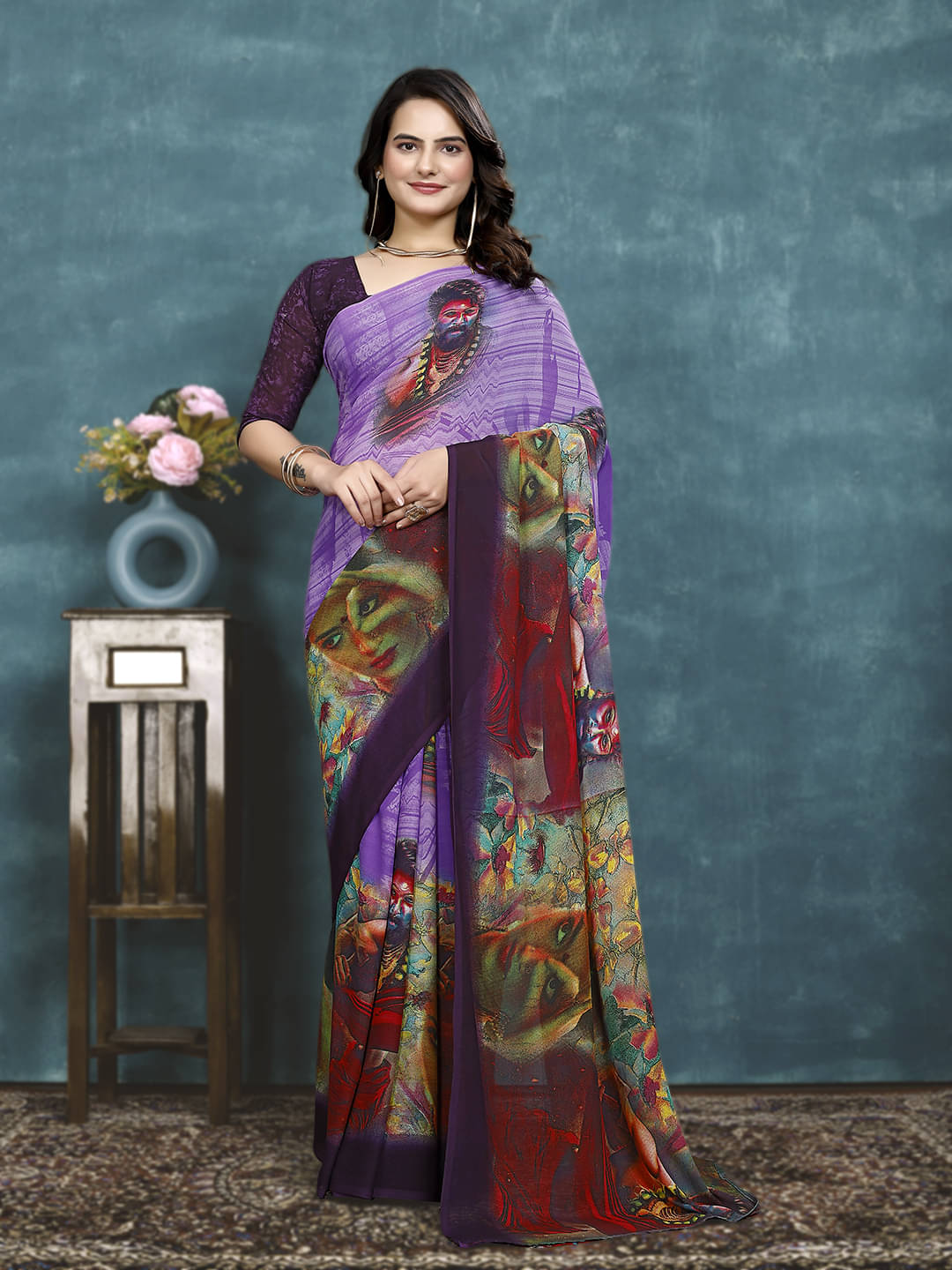Kanooda Prints Georgette Printed Saree With Unstitched Blouse Piece ( Purple ) Kanooda Prints Georgette Printed Saree With Unstitched Blouse Piece ( Purple )