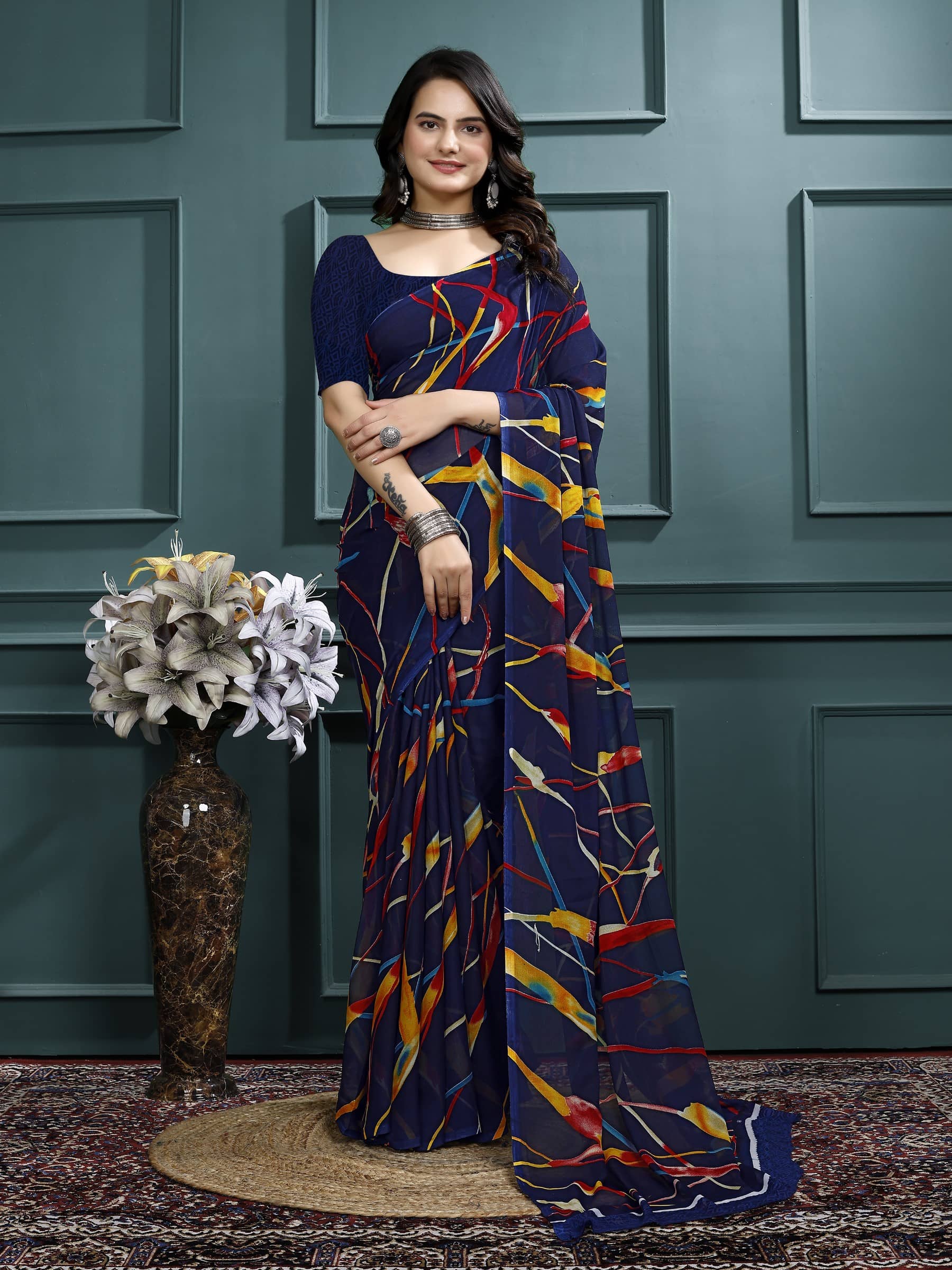 Kanooda Prints Georgette Printed Saree With Unstitched Blouse Piece ( Navy Blue ) - Sarees | Buy online on ZillyBuy