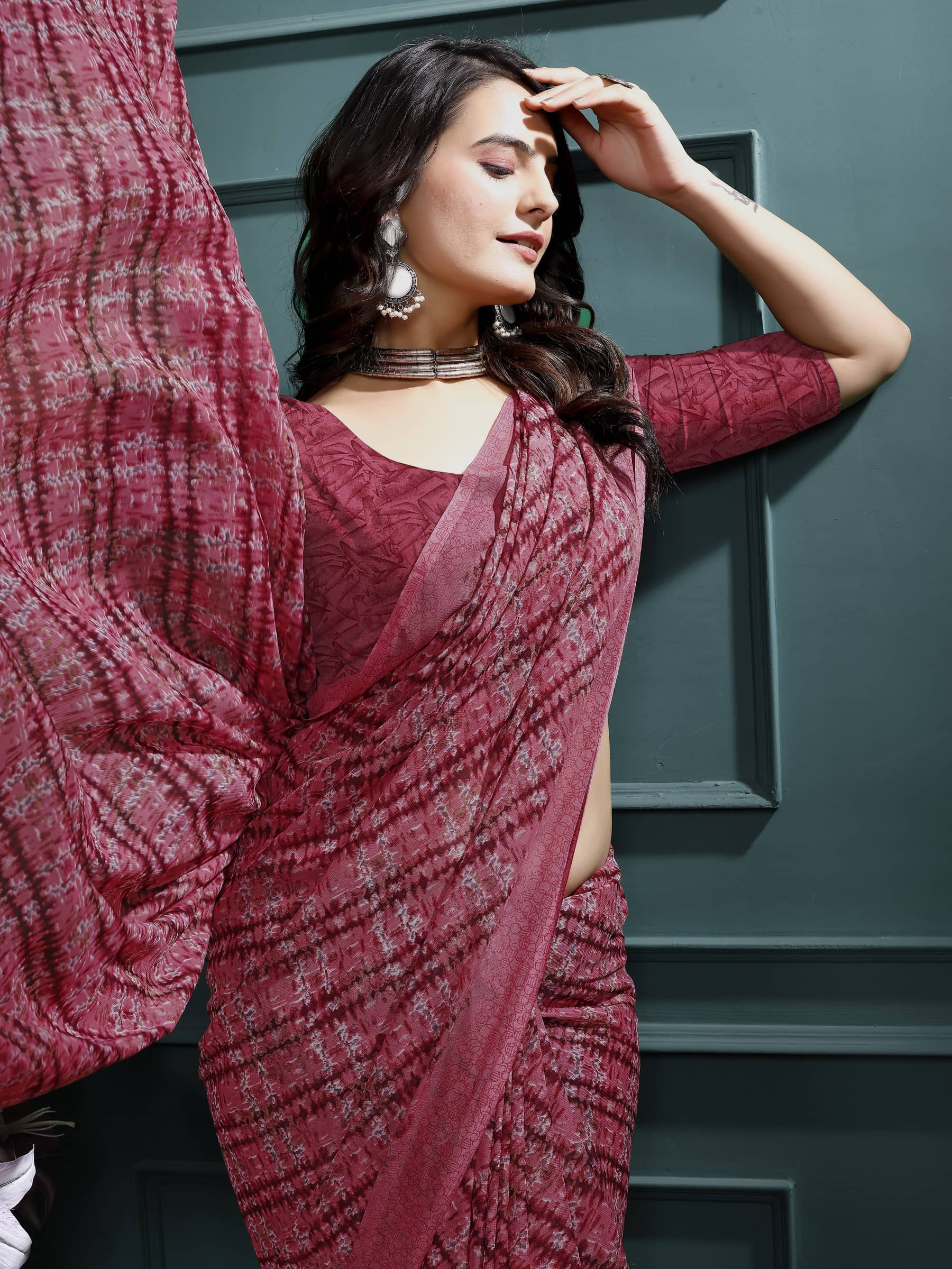 Kanooda Prints Georgette Printed Saree With Unstitched Blouse Piece ( Peach ) - Sarees | Buy online on ZillyBuy