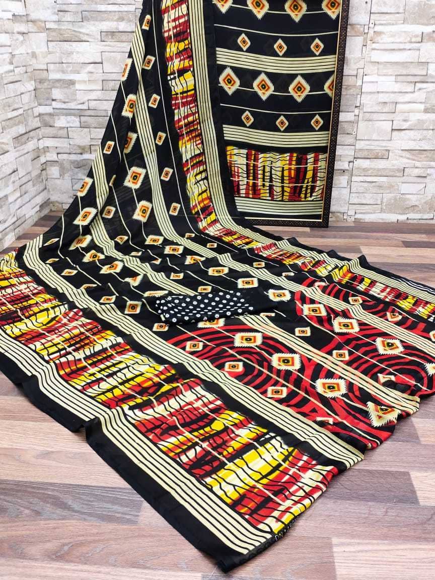 Kanooda Prints Georgette Printed Saree With Unstitched Blouse Piece ( Black ) - Sarees | Buy online on ZillyBuy