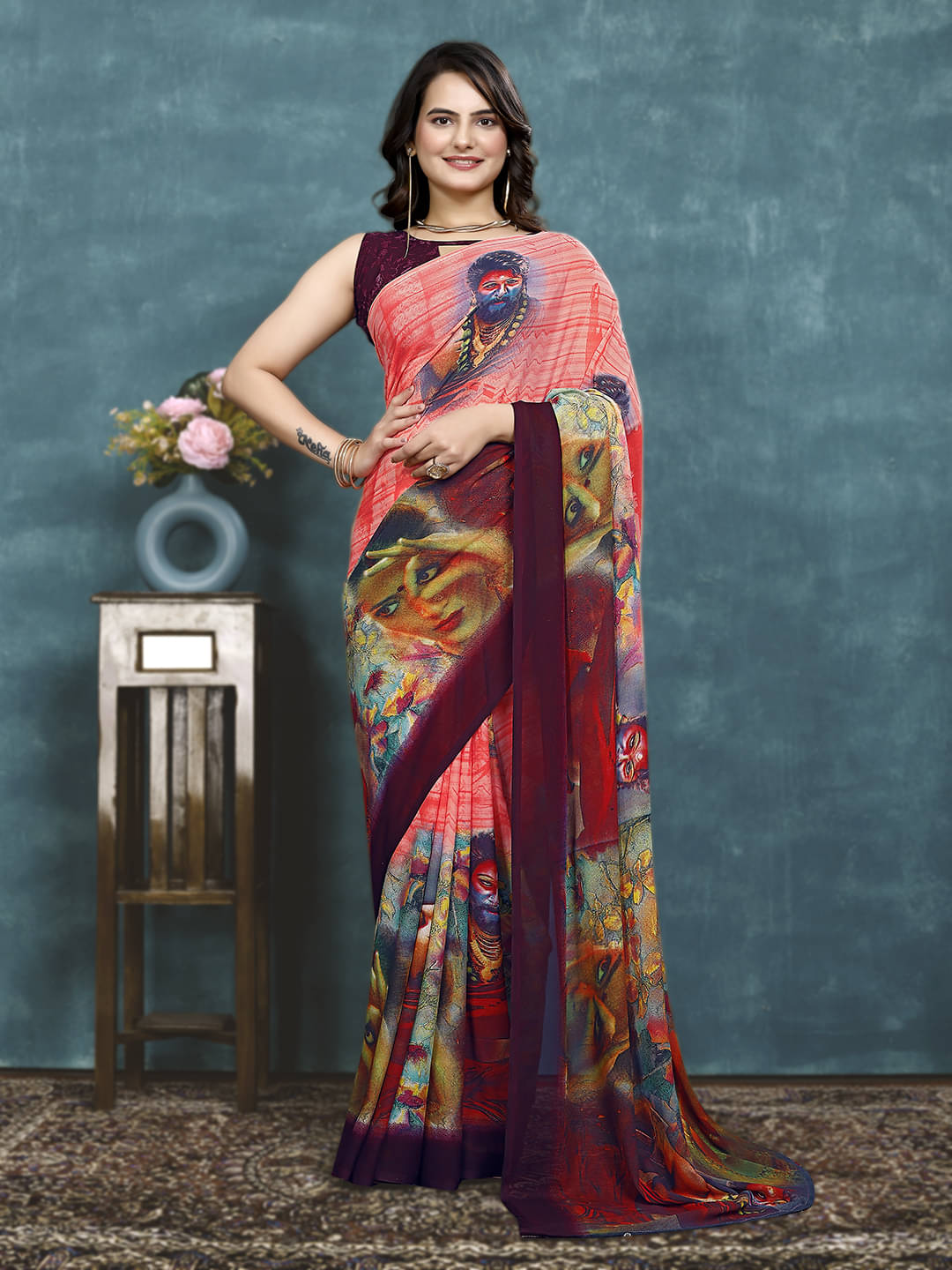     			Kanooda Prints Georgette Printed Saree With Unstitched Blouse Piece ( Peach )