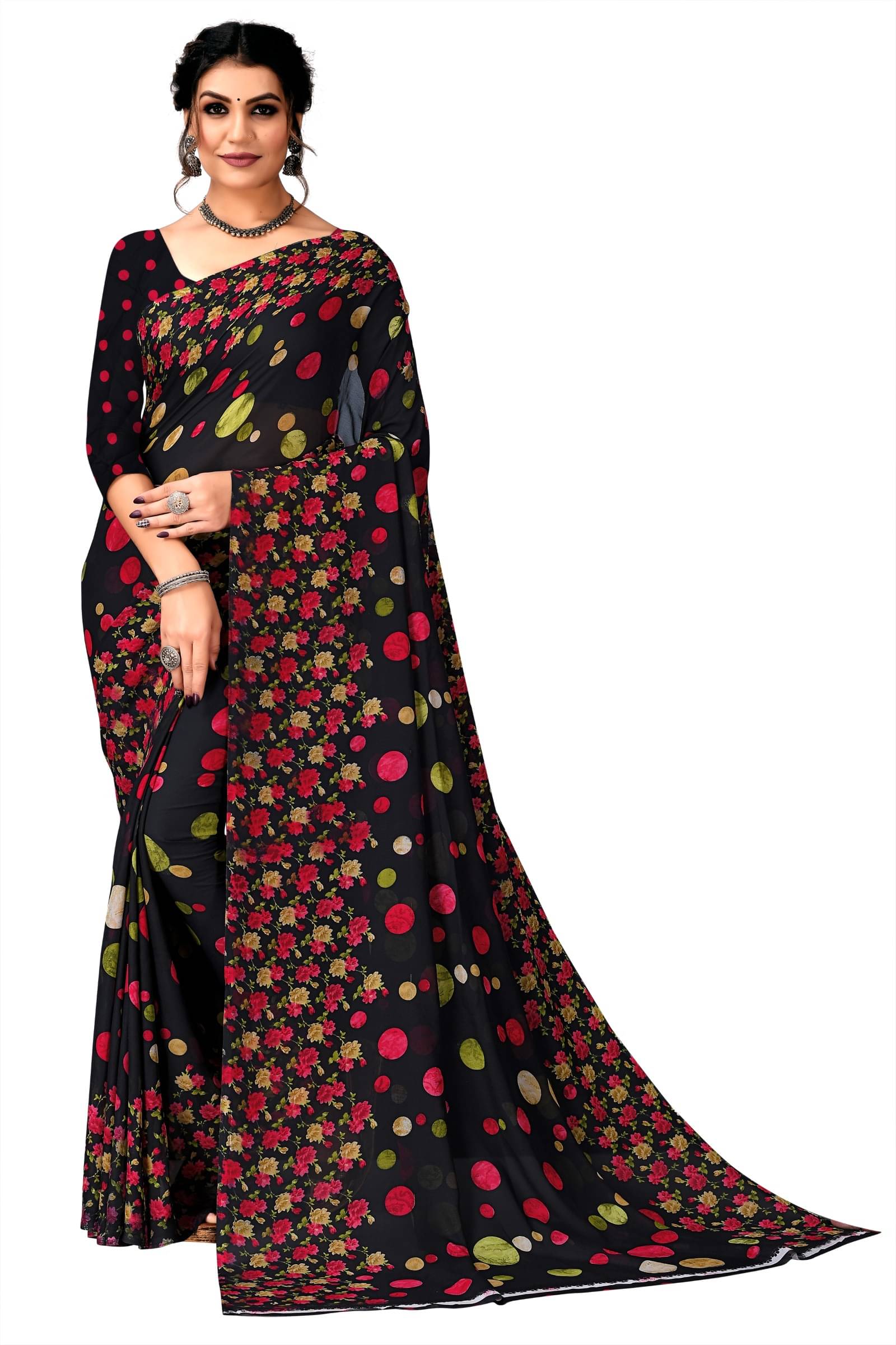 Kanooda Prints Georgette Printed Saree With Unstitched Blouse Piece ( Black ) Kanooda Prints Georgette Printed Saree With Unstitched Blouse Piece ( Black )