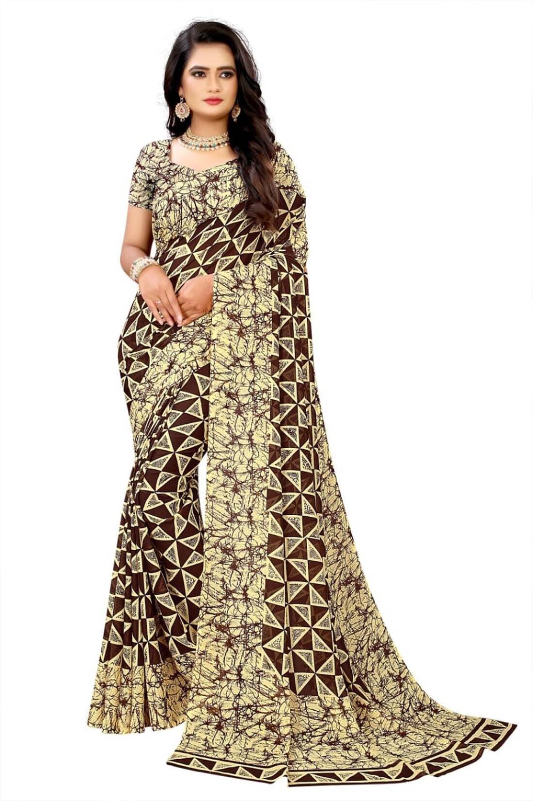     			Kanooda Prints Georgette Printed Saree With Unstitched Blouse Piece ( Brown )
