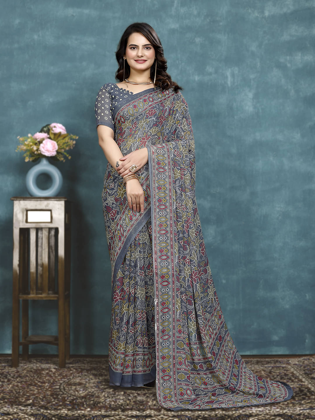     			Kanooda Prints Georgette Printed Saree With Unstitched Blouse Piece ( Grey )