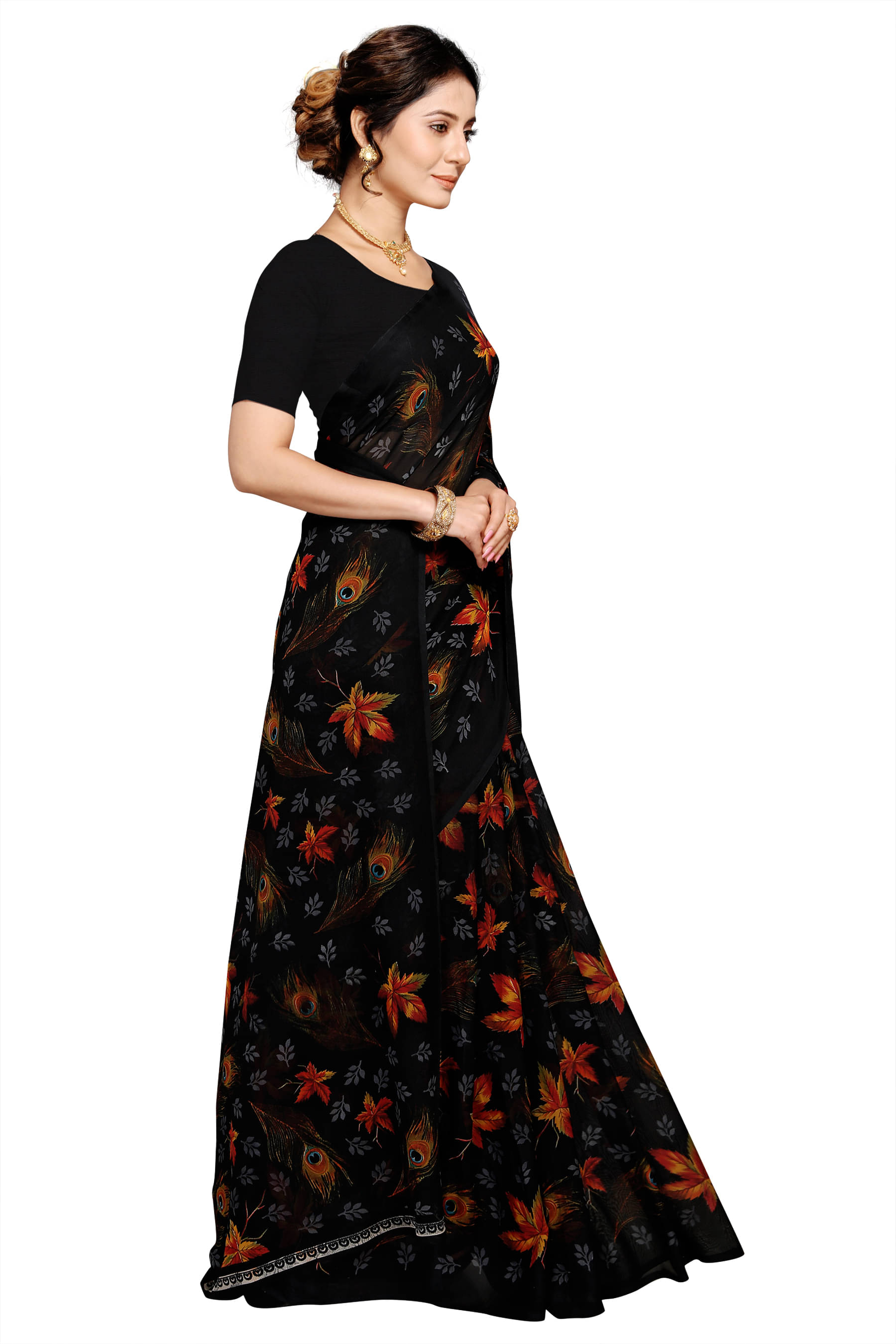 Kanooda Prints Georgette Printed Saree With Unstitched Blouse Piece ( Black )     			Kanooda Prints Georgette Printed Saree With Unstitched Blouse Piece ( Black )