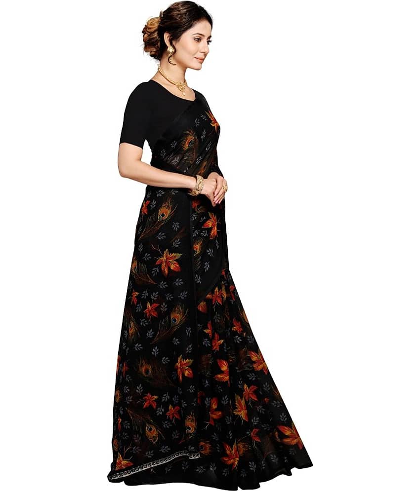 Kanooda Prints Georgette Printed Saree With Unstitched Blouse Piece ( Black ) - Sarees | Buy online on ZillyBuy