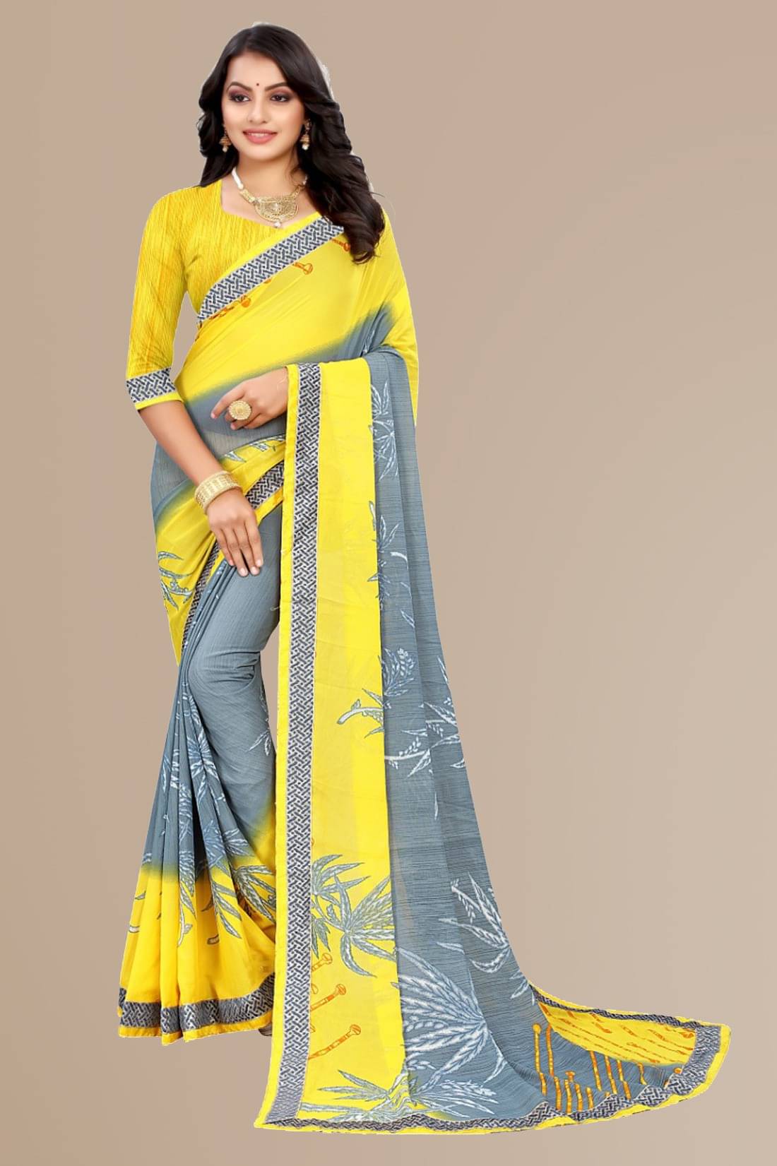 Kanooda Prints Georgette Printed Saree With Unstitched Blouse Piece ( Yellow ) Kanooda Prints Georgette Printed Saree With Unstitched Blouse Piece ( Yellow )