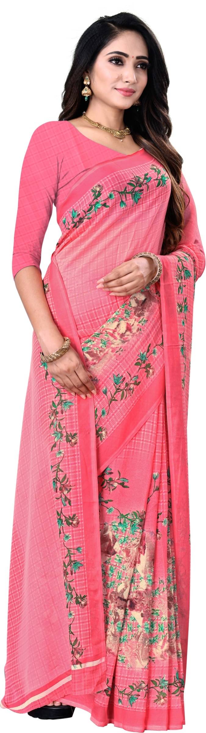 Kanooda Prints Georgette Printed Saree With Unstitched Blouse Piece ( Pink ) Kanooda Prints Georgette Printed Saree With Unstitched Blouse Piece ( Pink )