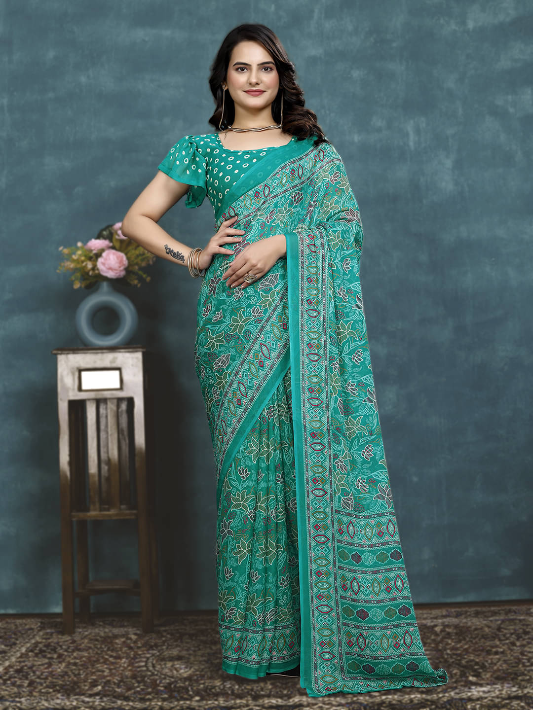     			Kanooda Prints Georgette Printed Saree With Unstitched Blouse Piece ( Teal )