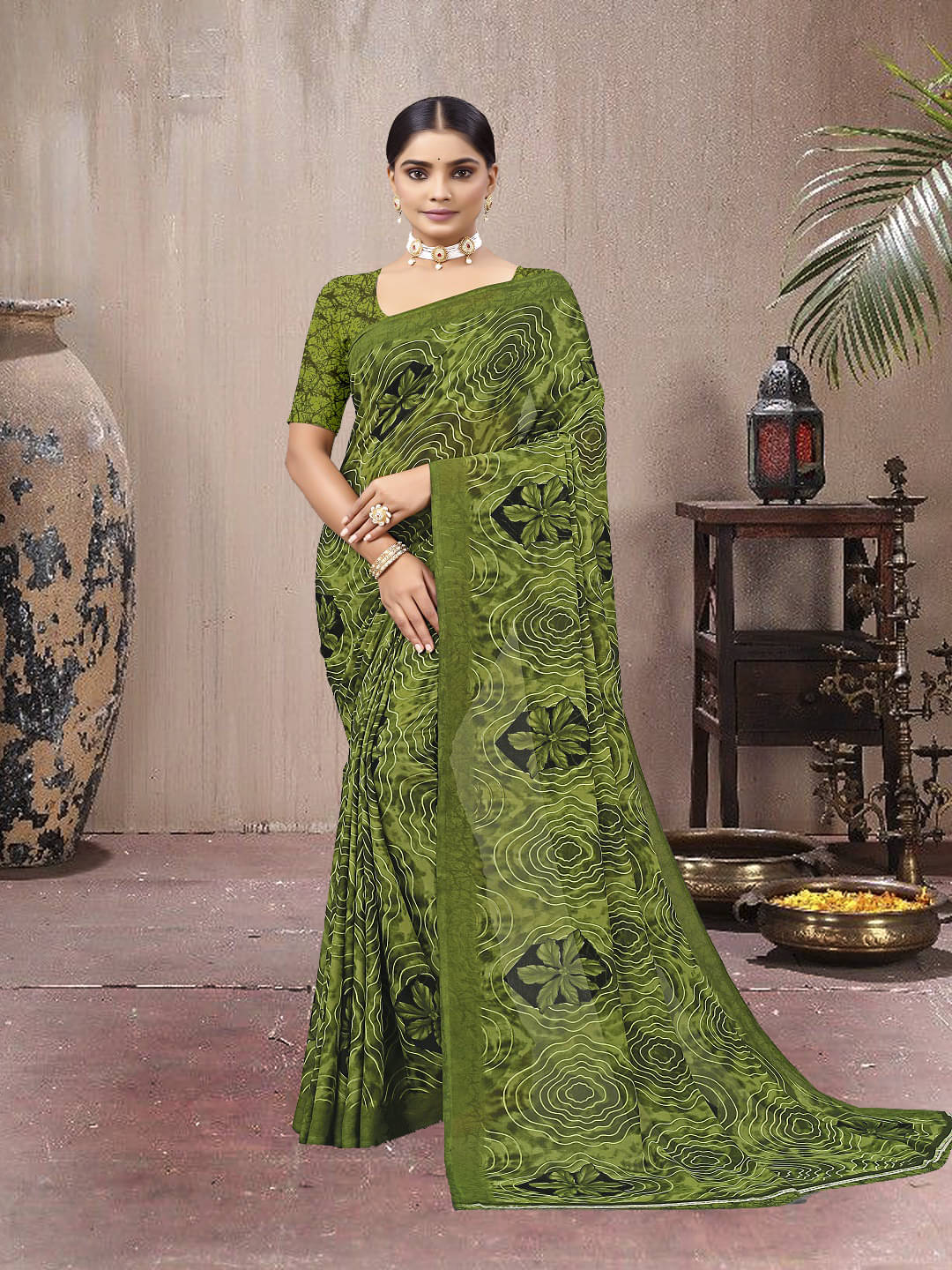Kanooda Prints Georgette Printed Saree With Unstitched Blouse Piece ( Light Green ) Kanooda Prints Georgette Printed Saree With Unstitched Blouse Piece ( Light Green )