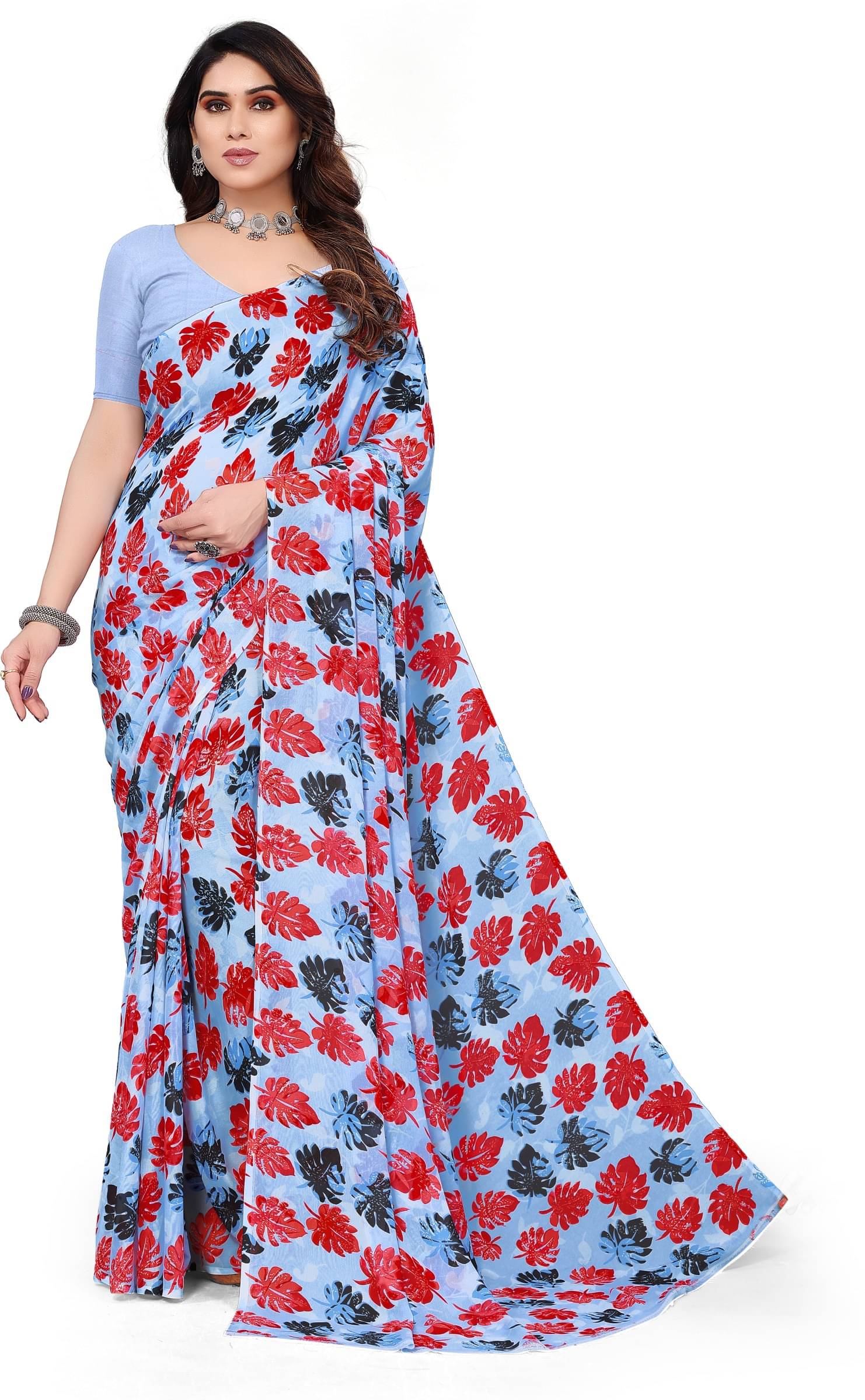 Kanooda Prints Georgette Printed Saree With Unstitched Blouse Piece ( Grey )     			Kanooda Prints Georgette Printed Saree With Unstitched Blouse Piece ( Grey )