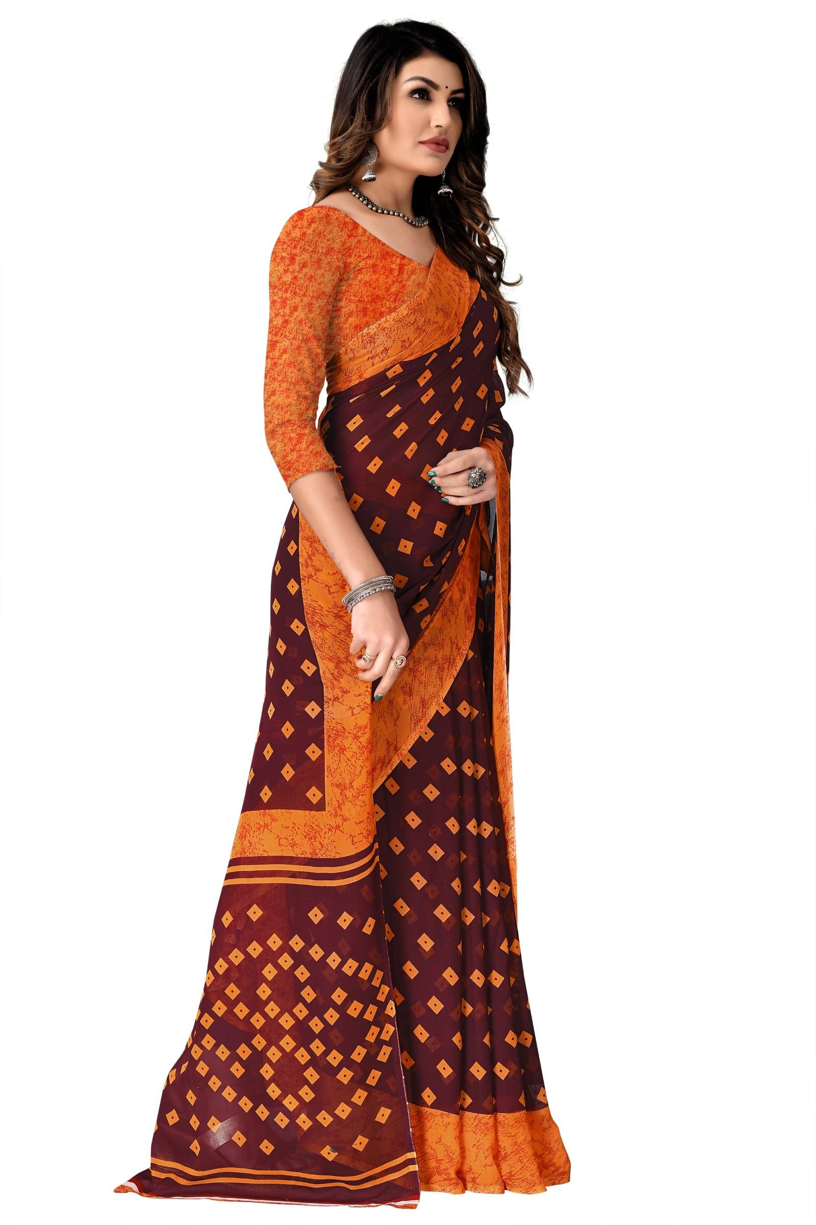 Kanooda Prints Georgette Printed Saree With Unstitched Blouse Piece ( Wine )     			Kanooda Prints Georgette Printed Saree With Unstitched Blouse Piece ( Wine )