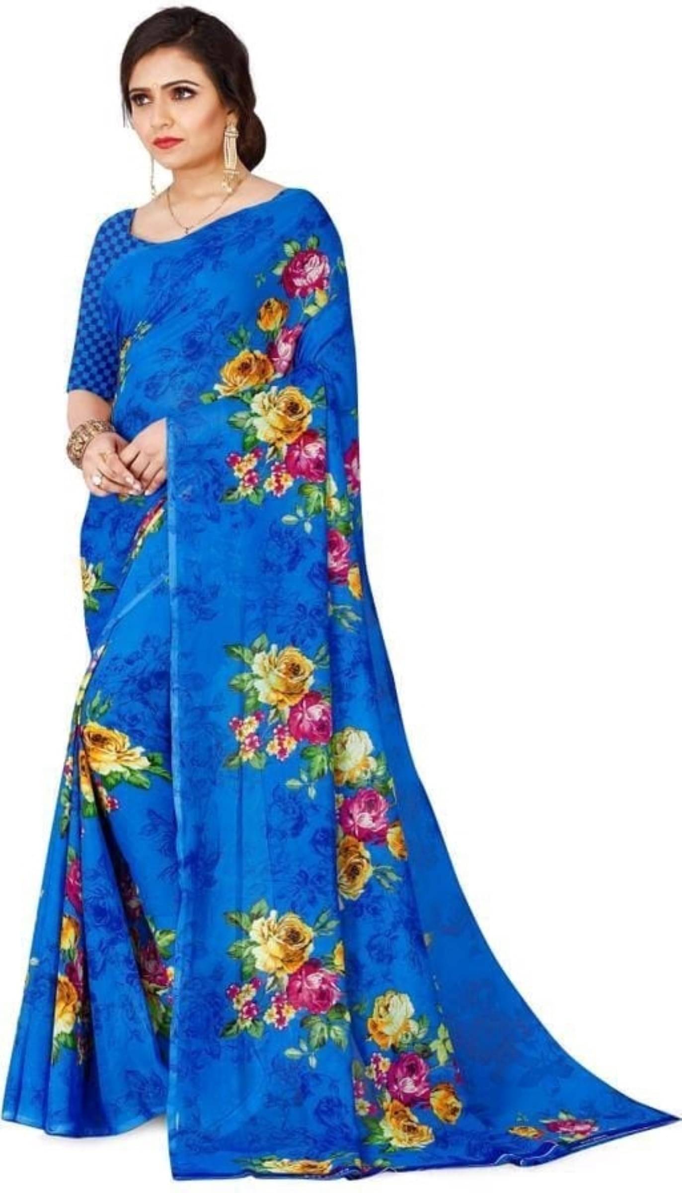 Kanooda Prints Georgette Printed Saree With Unstitched Blouse Piece ( Blue ) Kanooda Prints Georgette Printed Saree With Unstitched Blouse Piece ( Blue )