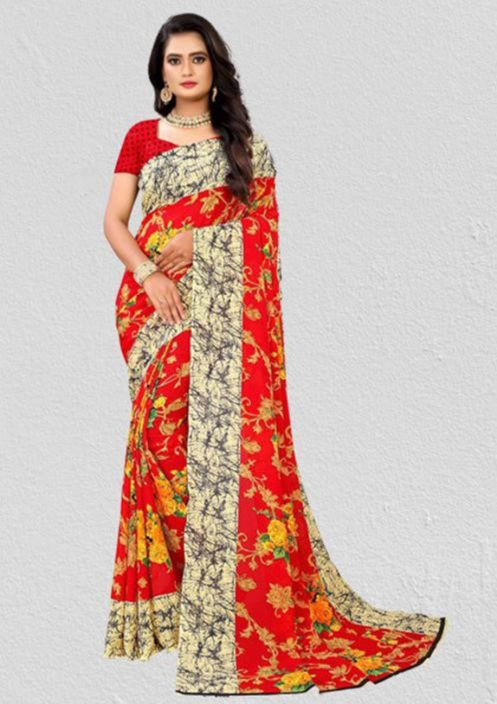     			Kanooda Prints Georgette Printed Saree With Unstitched Blouse Piece ( Maroon )