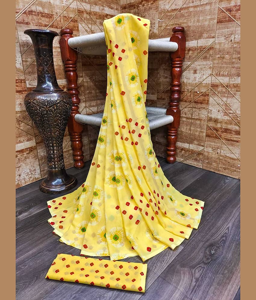 Kanooda Prints Georgette Printed Saree With Unstitched Blouse Piece ( Yellow ) - Sarees | Buy online on ZillyBuy