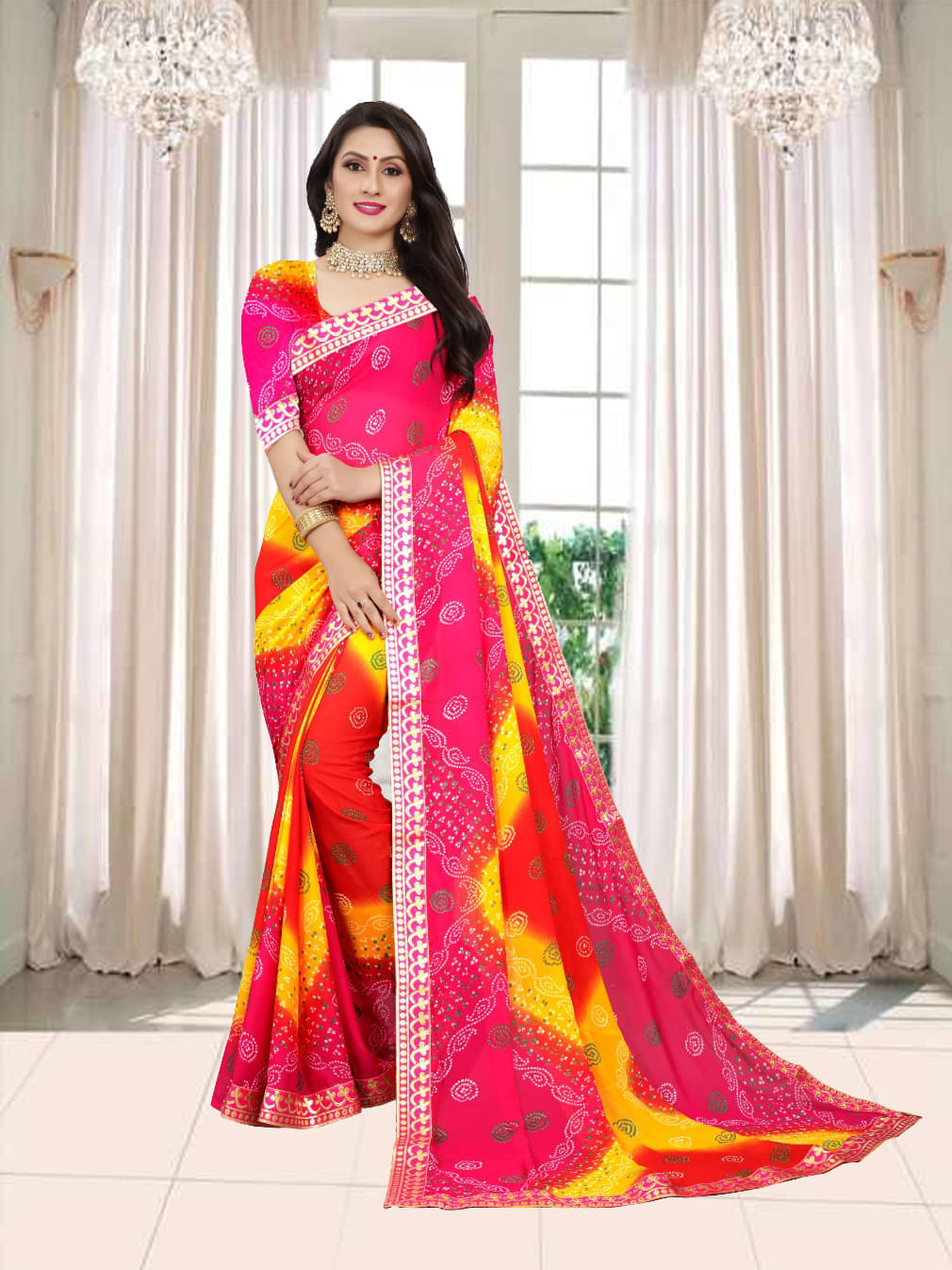     			Kanooda Prints Georgette Printed Saree With Unstitched Blouse Piece ( Pink )