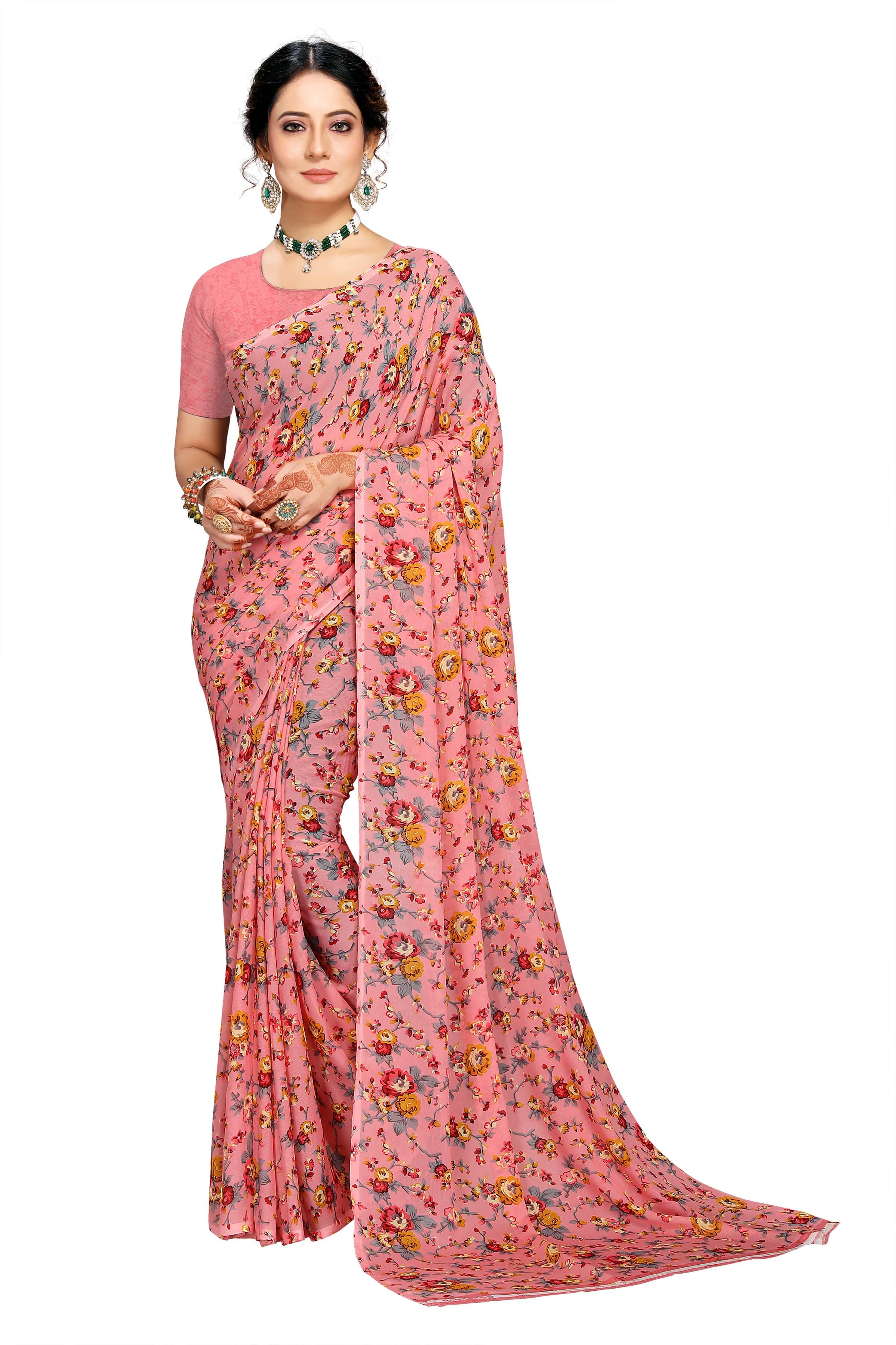 Kanooda Prints Georgette Printed Saree With Unstitched Blouse Piece ( Pink ) Kanooda Prints Georgette Printed Saree With Unstitched Blouse Piece ( Pink )