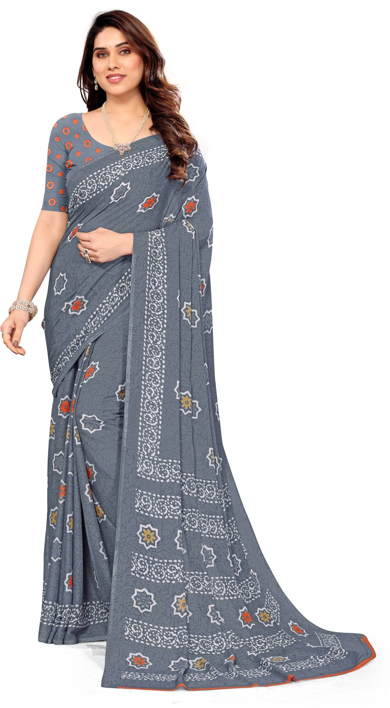 Kanooda Prints Georgette Printed Saree With Unstitched Blouse Piece ( Grey )     			Kanooda Prints Georgette Printed Saree With Unstitched Blouse Piece ( Grey )