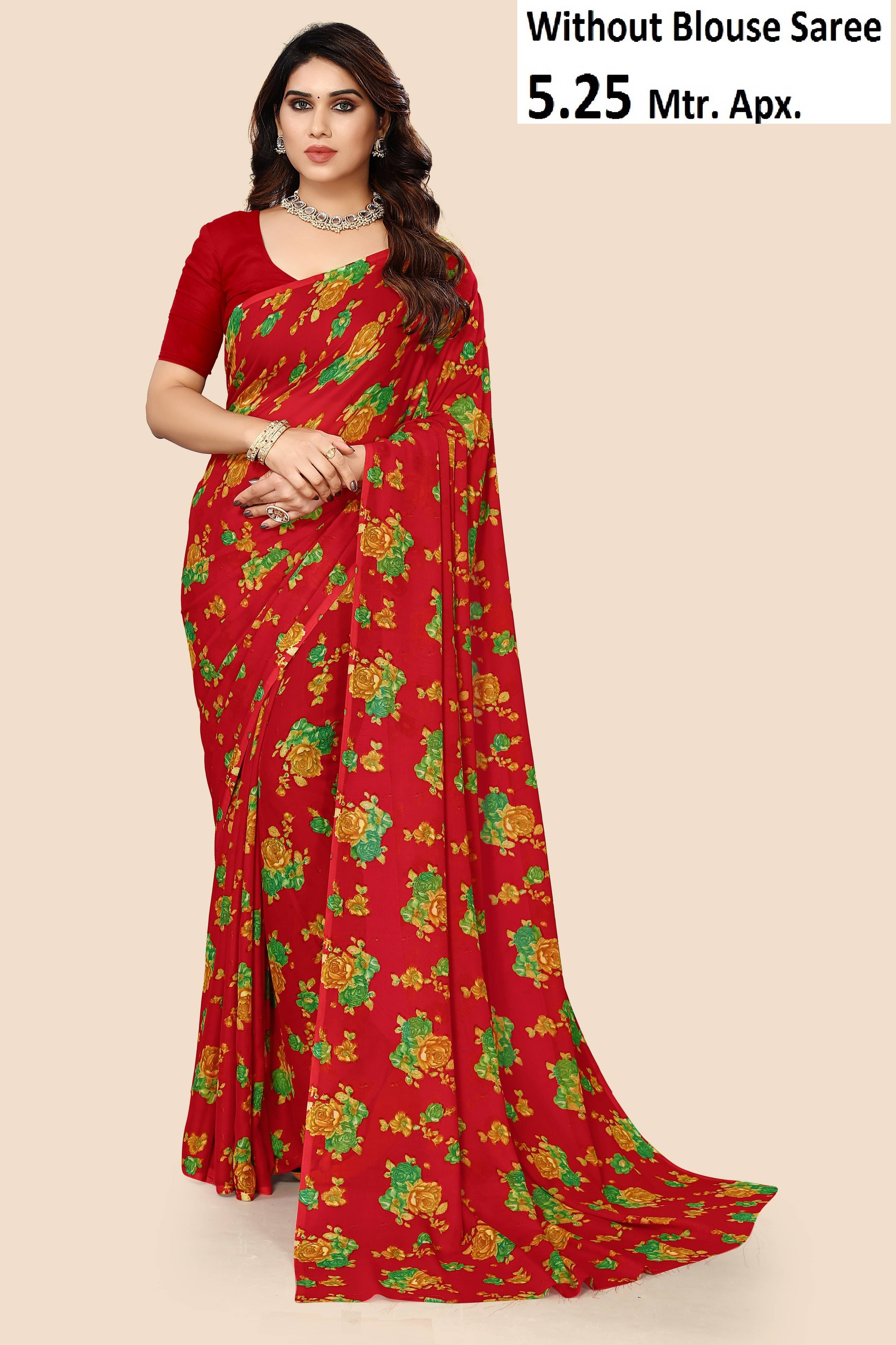 Kanooda Prints Georgette Printed Saree With Unstitched Blouse Piece ( Red )     			Kanooda Prints Georgette Printed Saree With Unstitched Blouse Piece ( Red )