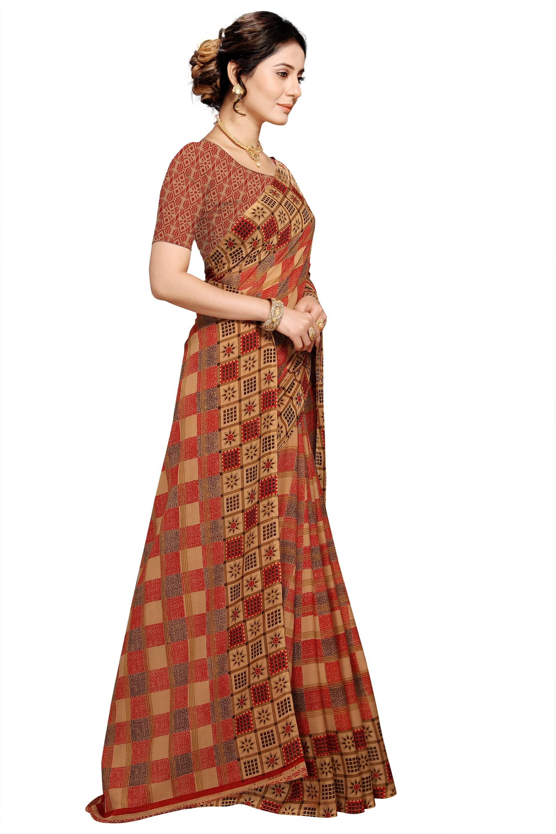 Kanooda Prints Georgette Printed Saree With Unstitched Blouse Piece ( Brown ) Kanooda Prints Georgette Printed Saree With Unstitched Blouse Piece ( Brown )